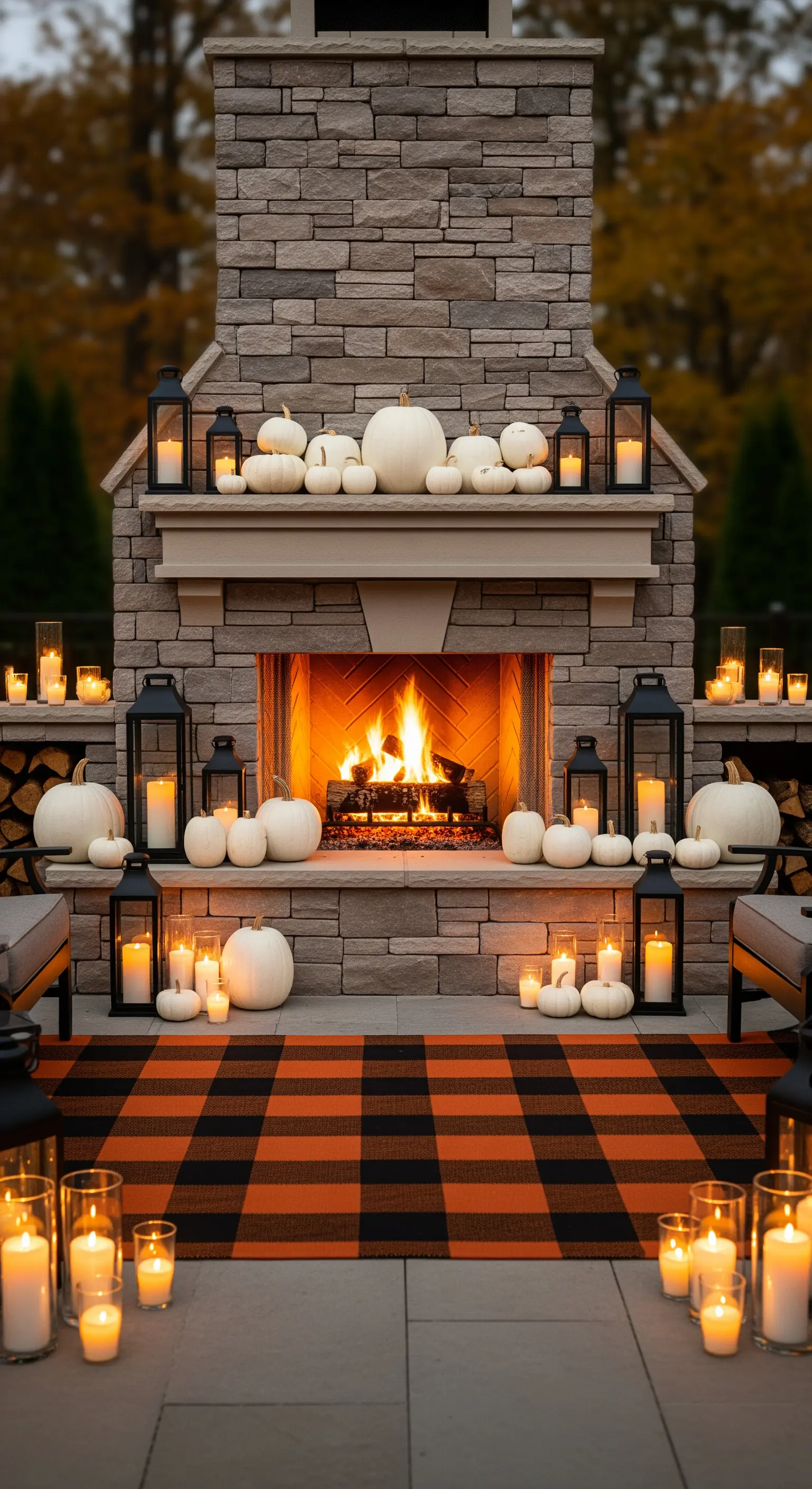 Outdoor-Kamin mit weißen Kürbissen, schwarzen Laternen, Kerzen und Karoteppich