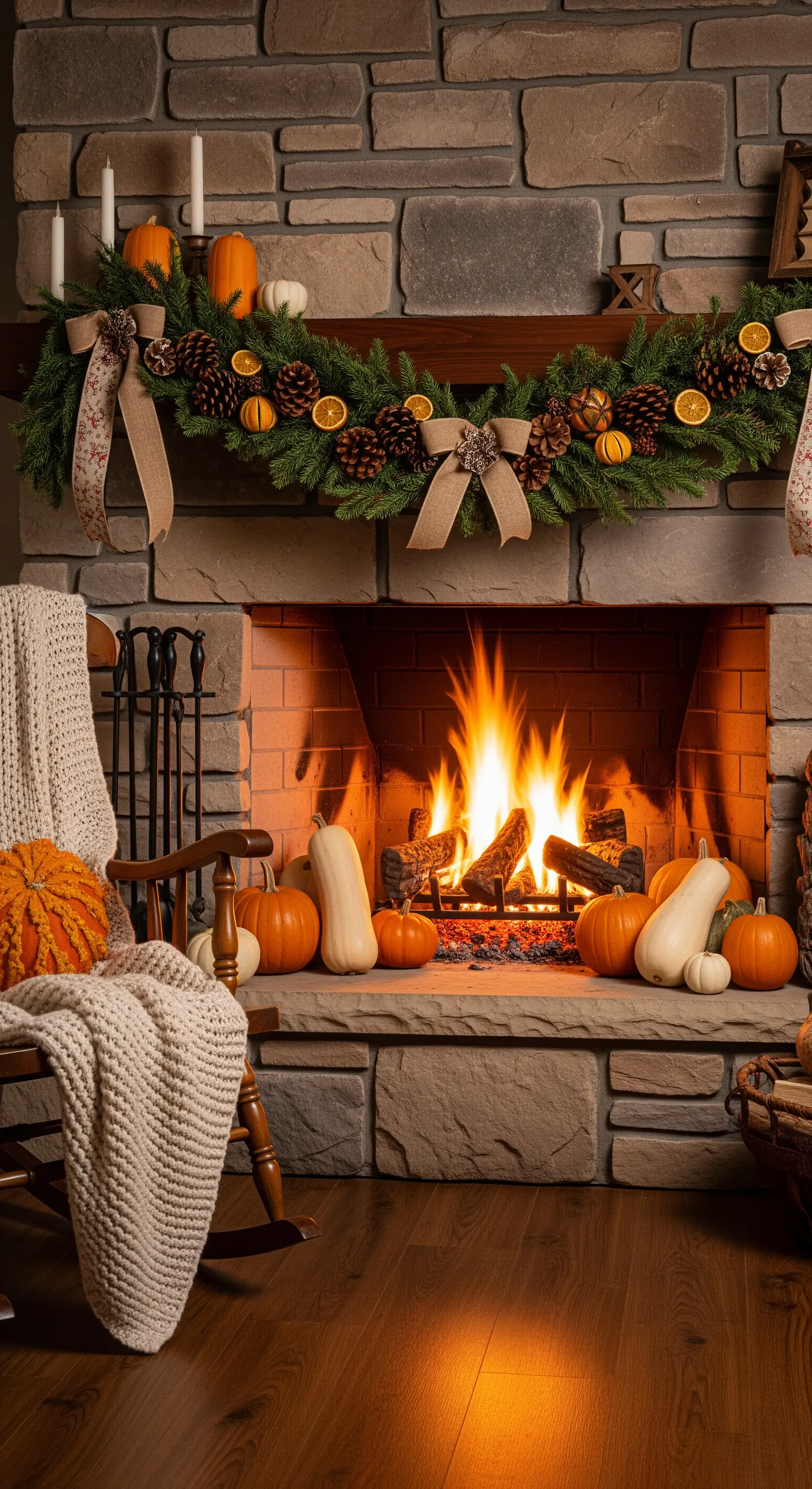Kamin mit Herbstgirlande, Kürbissen und Strickdecke