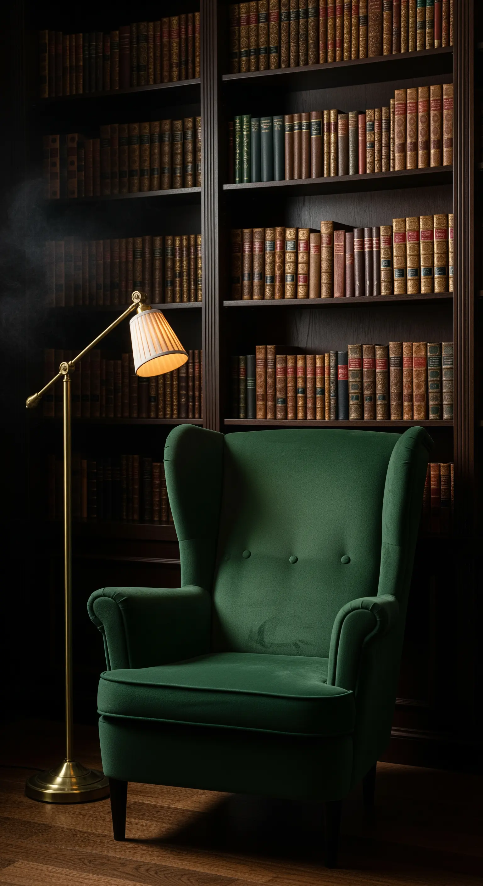 Grüner Flügelsessel, Messing-Stehlampe, Bücherwand, dunkle Holzböden