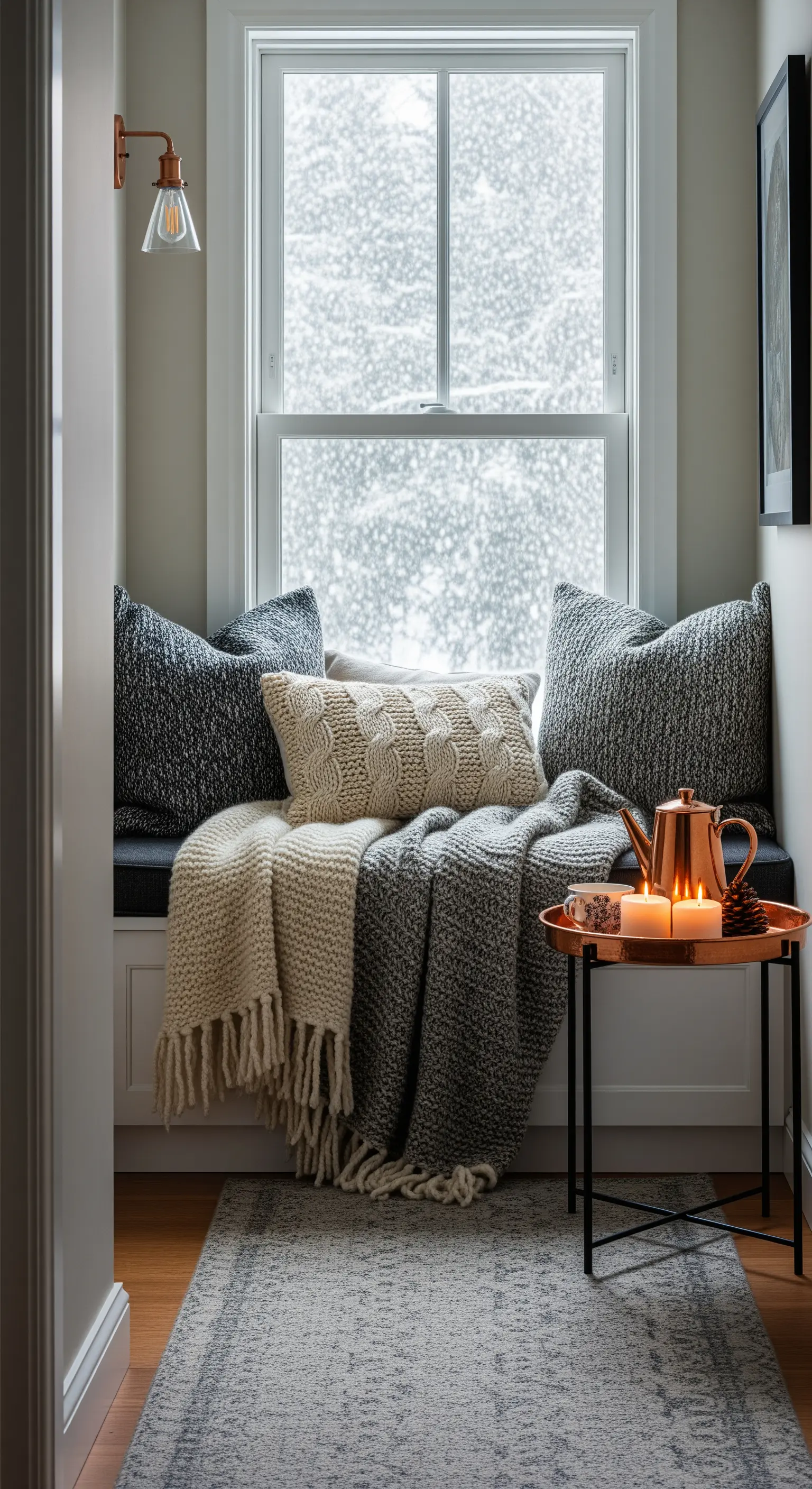 Gemütliche Fensternische mit Kissen, Strickdecke, Teekanne und Kerzen im Winter