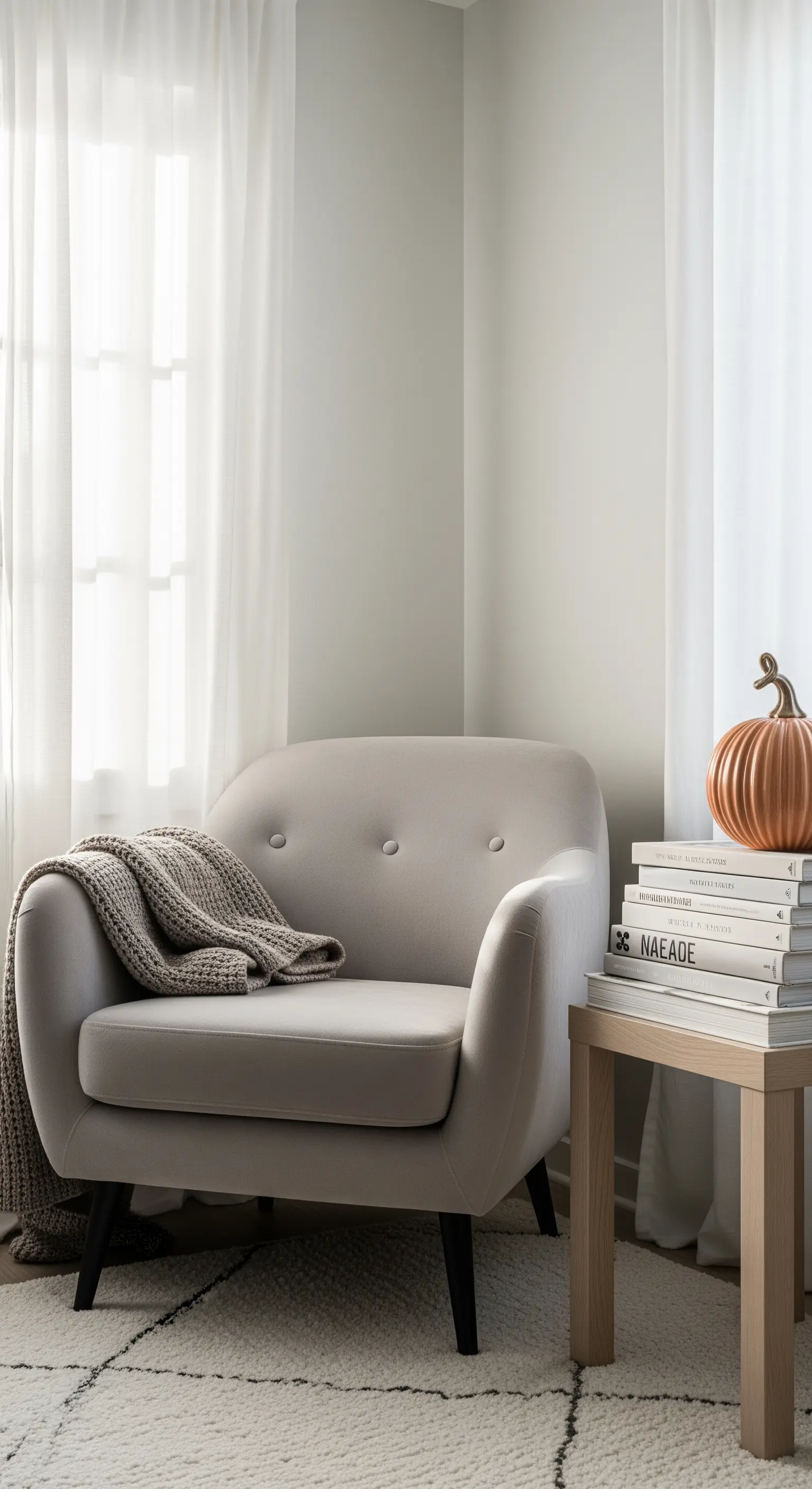 Gemütlicher Sessel mit Decke, Beistelltisch mit Büchern und kleinem Terracotta-Kürbis.