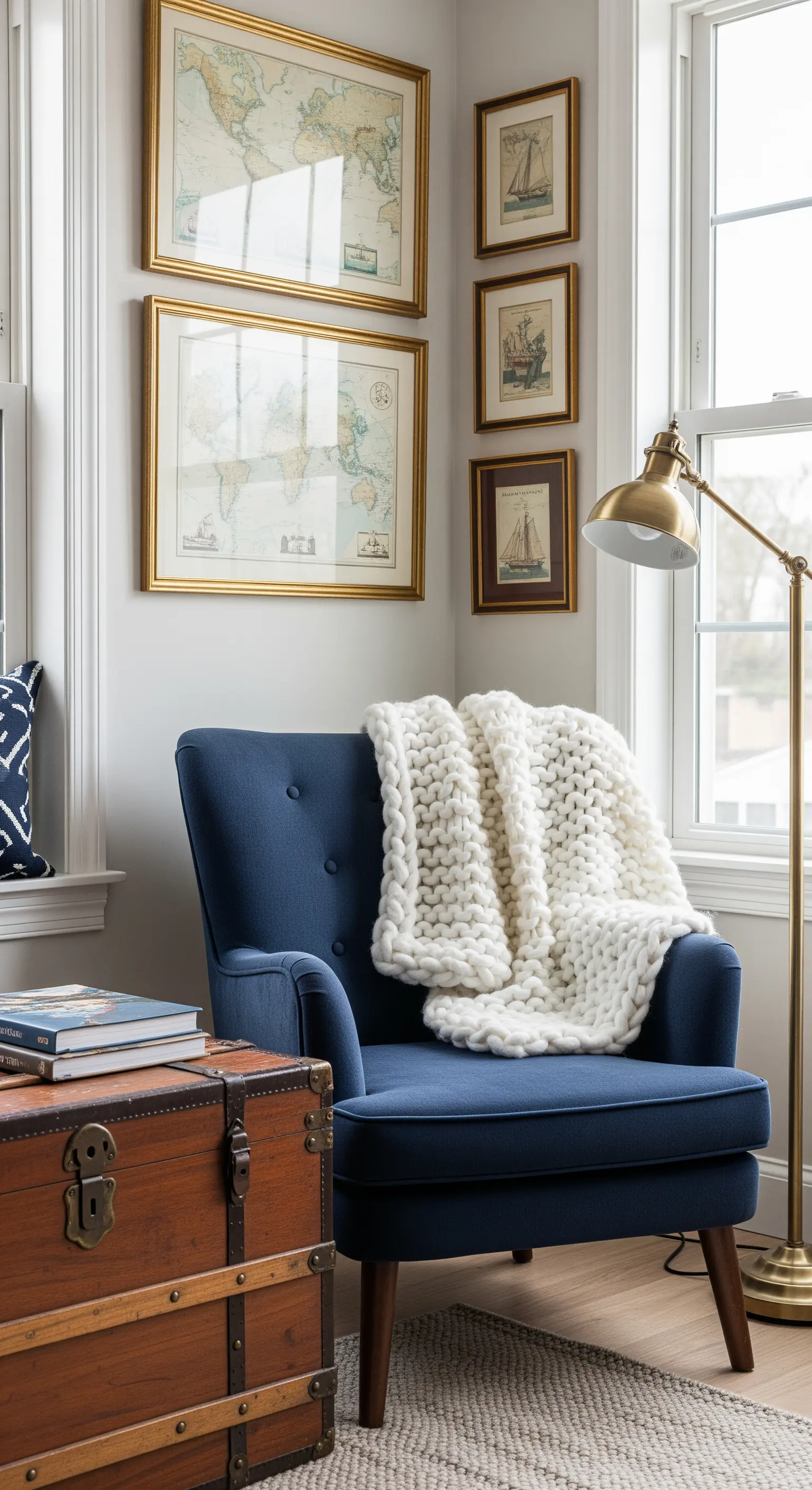 Leseecke mit blauem Sessel, Wolldecke, Truhe und gerahmten Seekarten