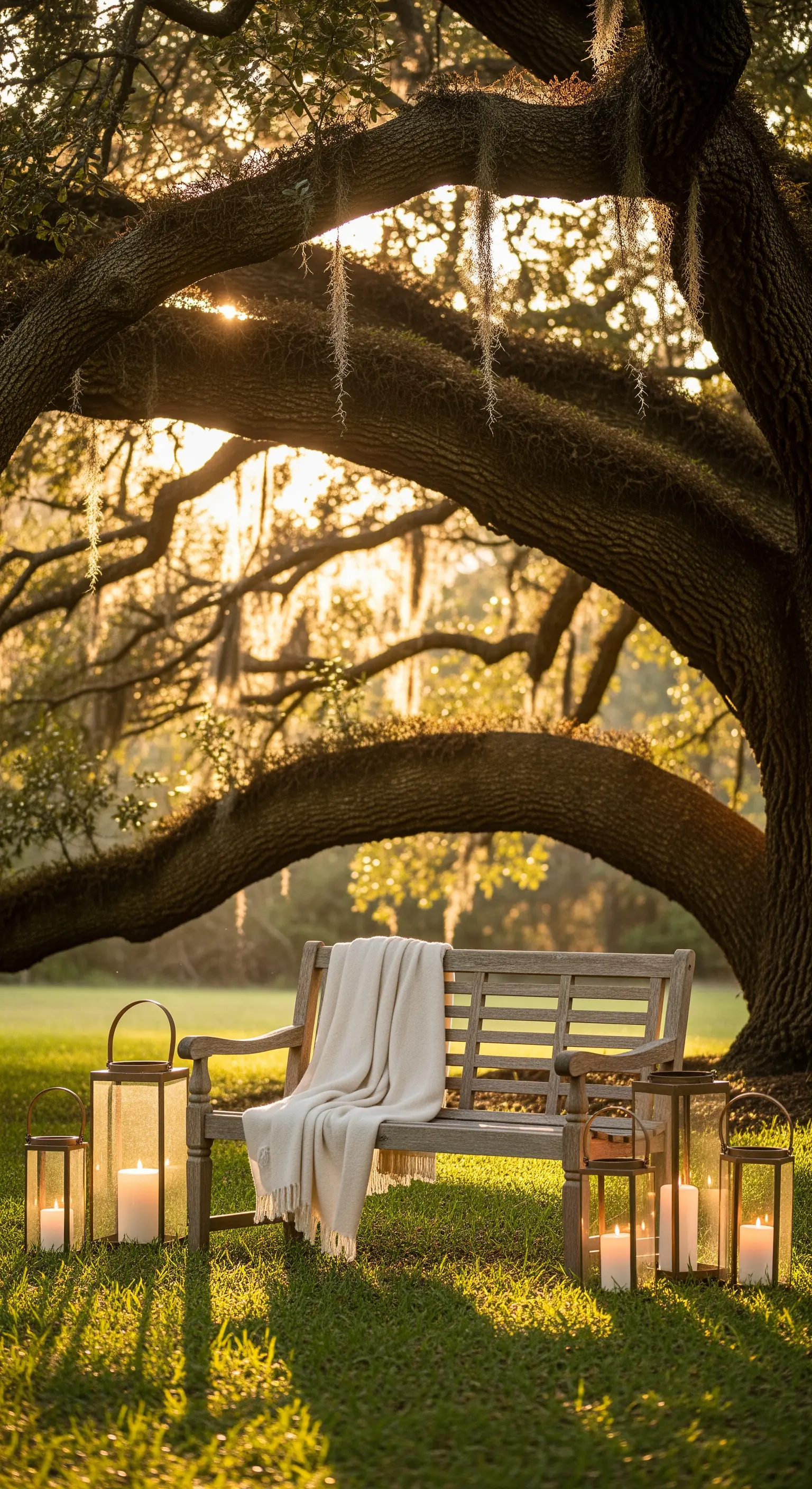Holzbank unter Baum mit Laternen und Decke im goldenen Abendlicht.
