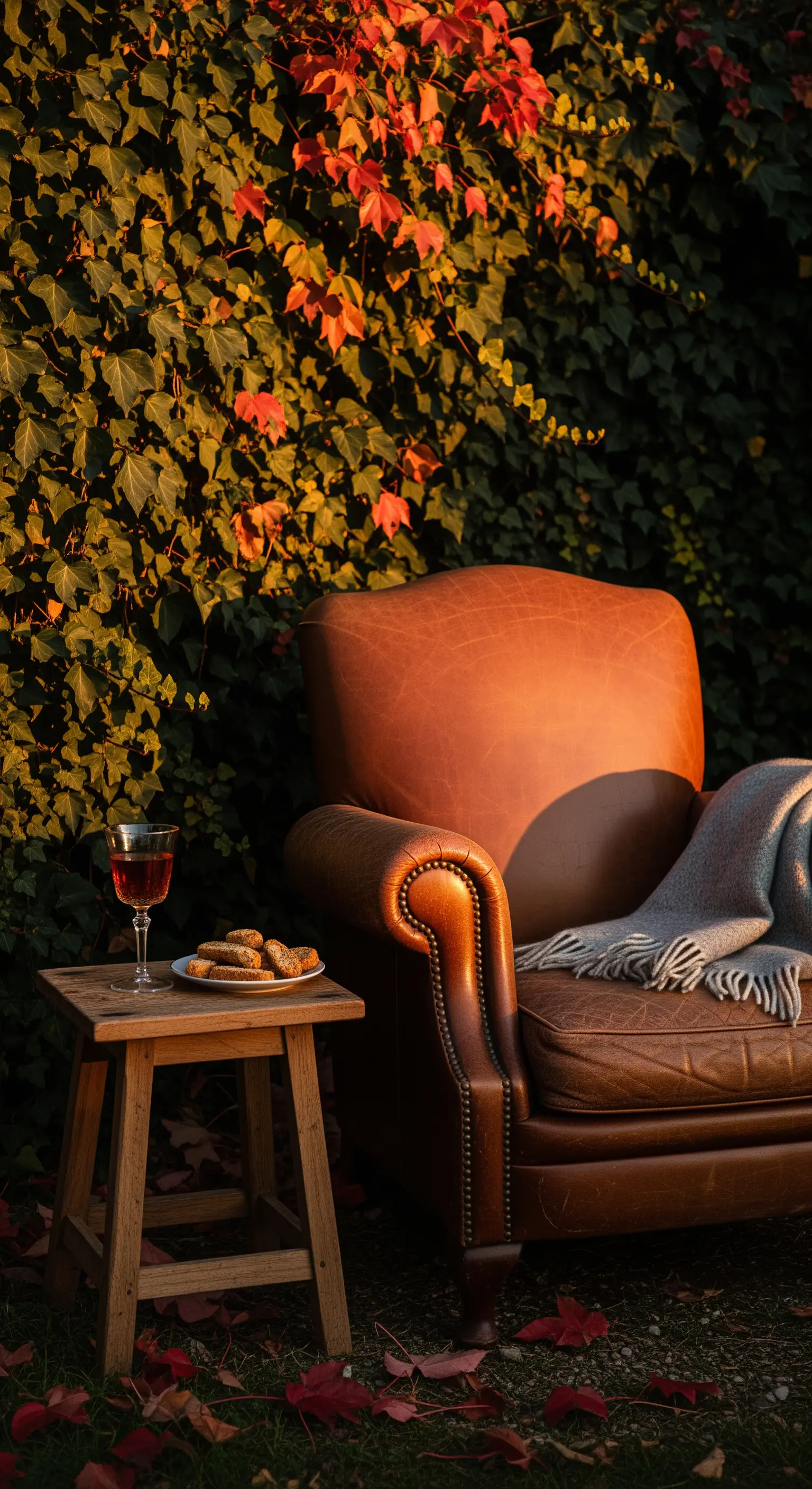 Ledersessel und Holzhocker mit Wein vor herbstlicher Efeu-Wand bei Sonnenuntergang