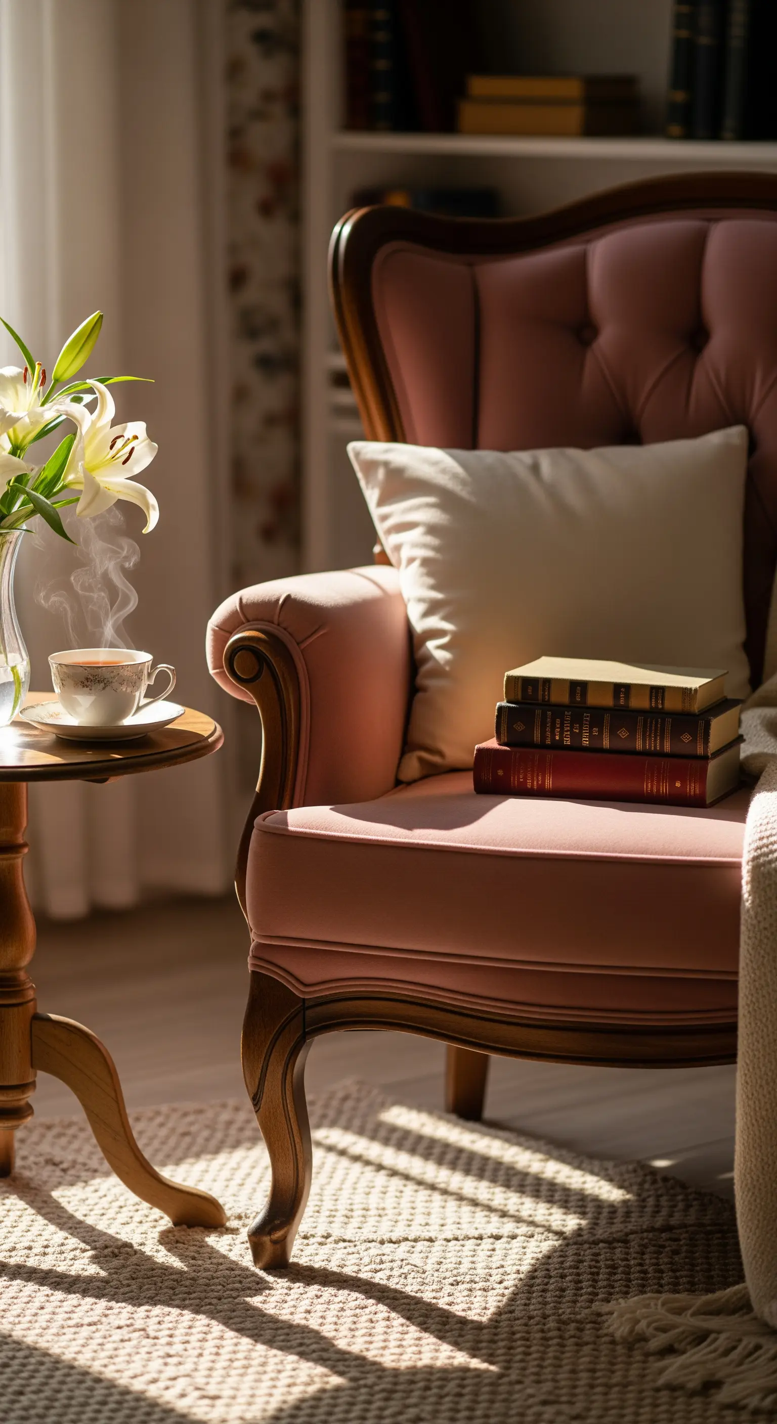 Rosa Vintage-Sessel, Teetasse und Lilien, Bücherstapel