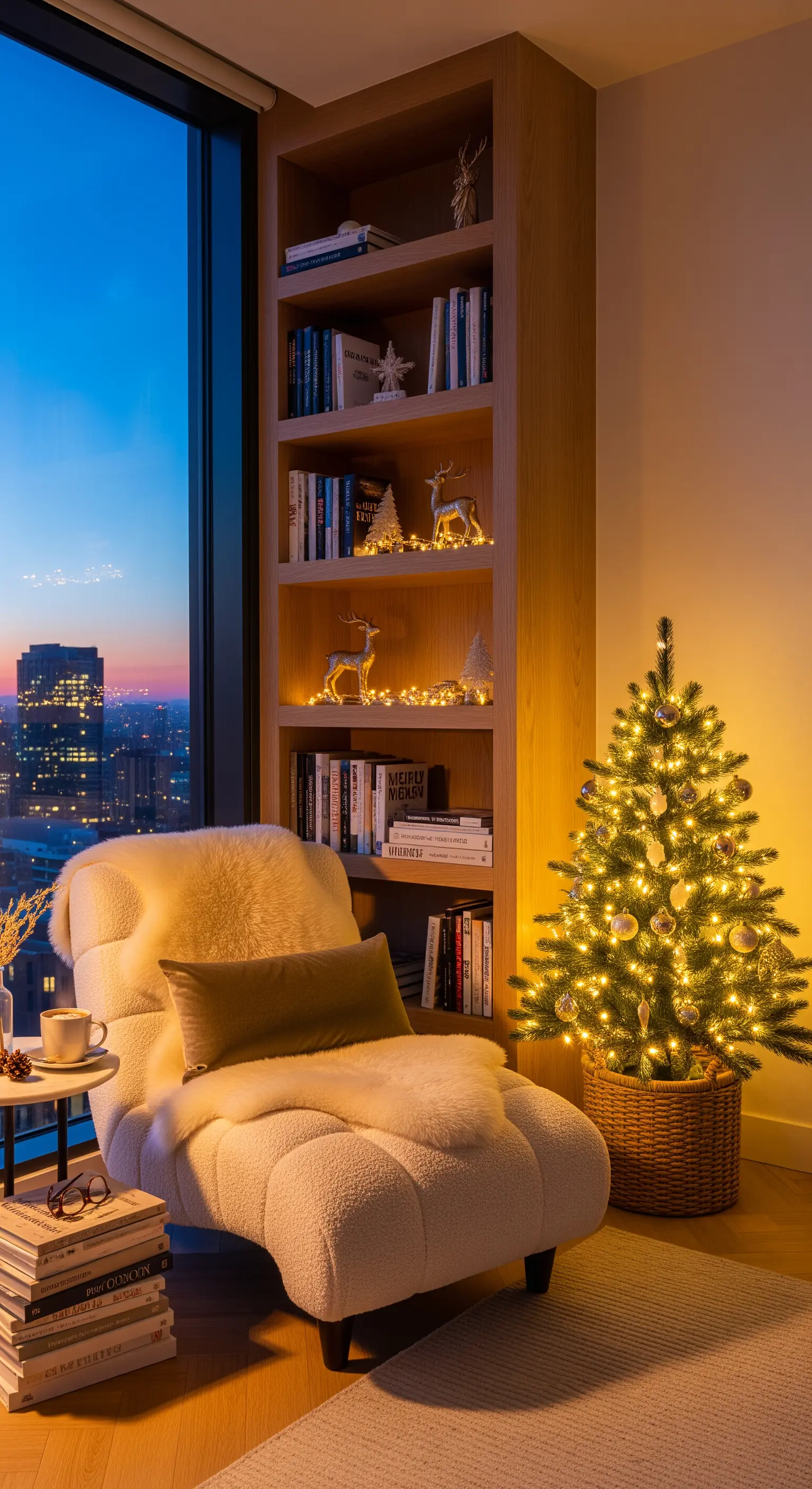 Gemütliche Leseecke, kleiner Weihnachtsbaum, Lichterketten, Schaffell