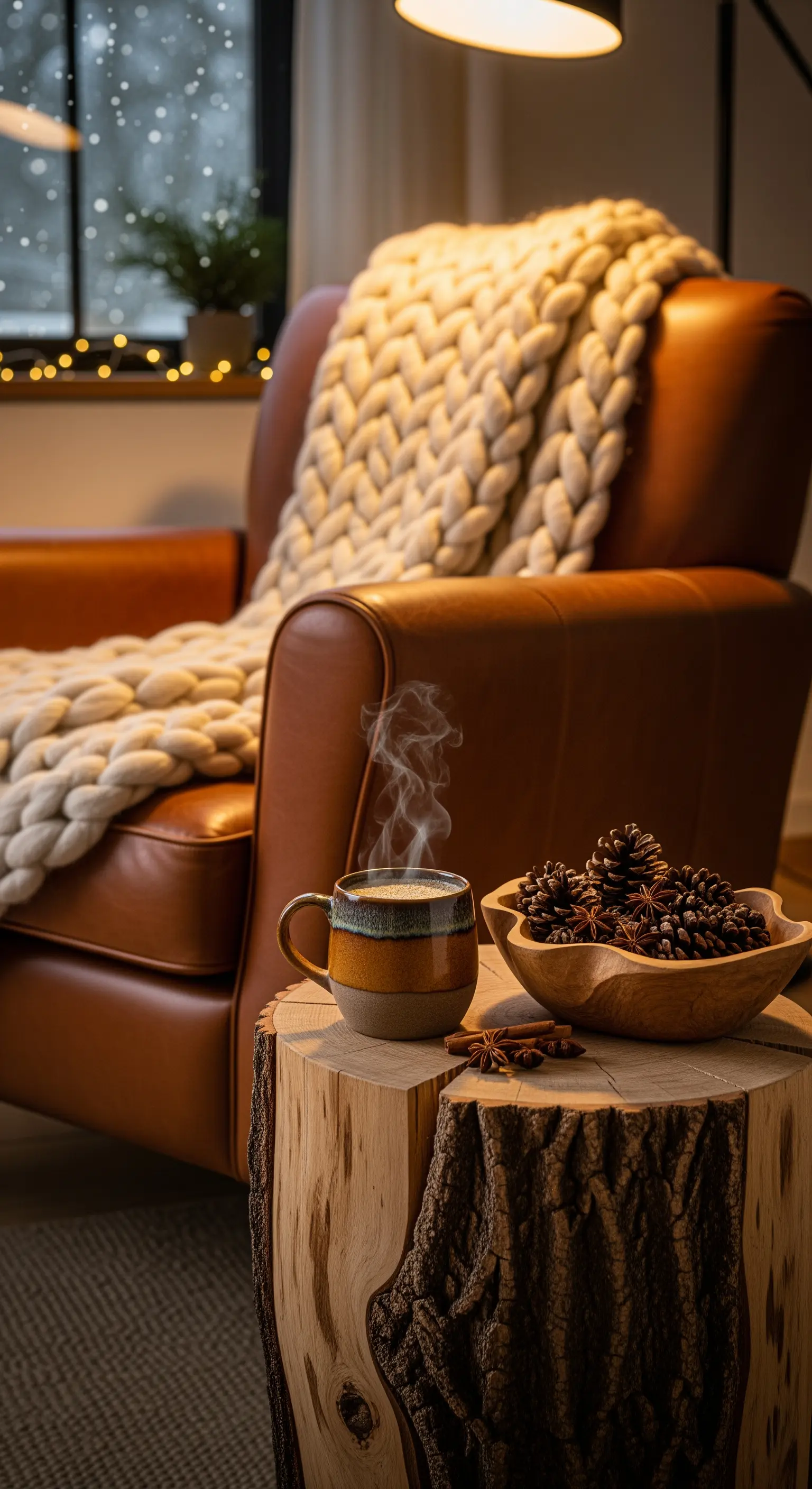 Ledersessel mit Strickdecke, Baumstamm-Beistelltisch, Tasse und Schale voller Tannenzapfen