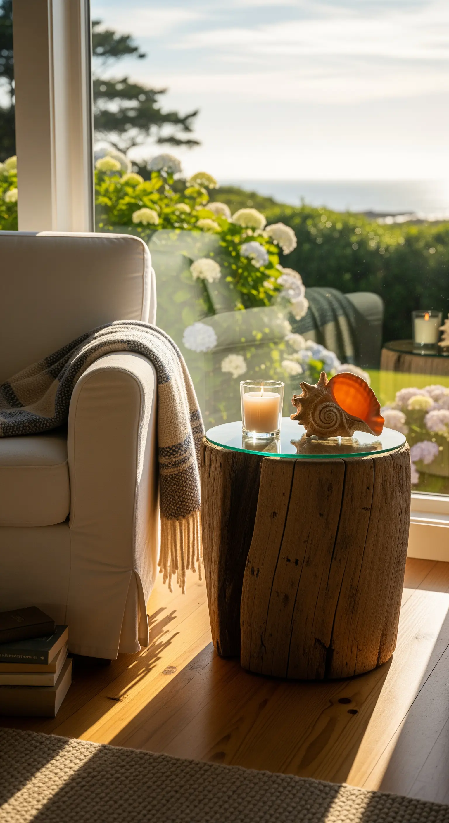 Baumstamm-Beistelltisch mit Muschel und Kerze in Leseecke am Fenster mit Meerblick