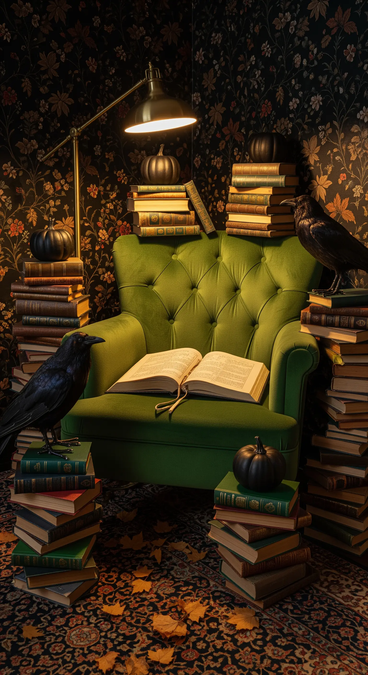Grüner Sessel, Bücherstapel, schwarze Kürbisse, Raben, Herbstlaub, Leseecke.