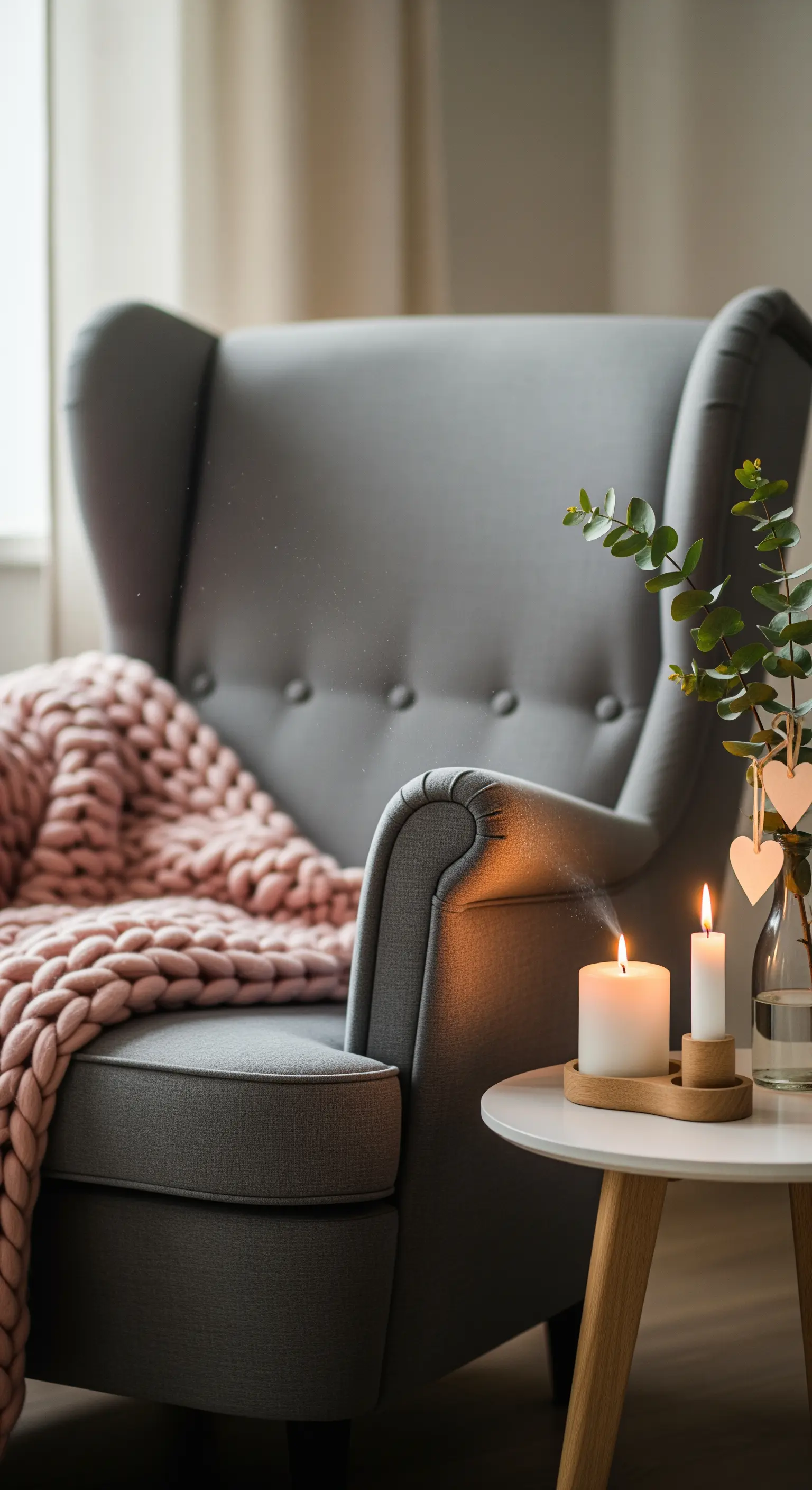 Gemütlicher grauer Sessel mit rosa Decke, Beistelltisch mit Kerzen und Herz-Deko.
