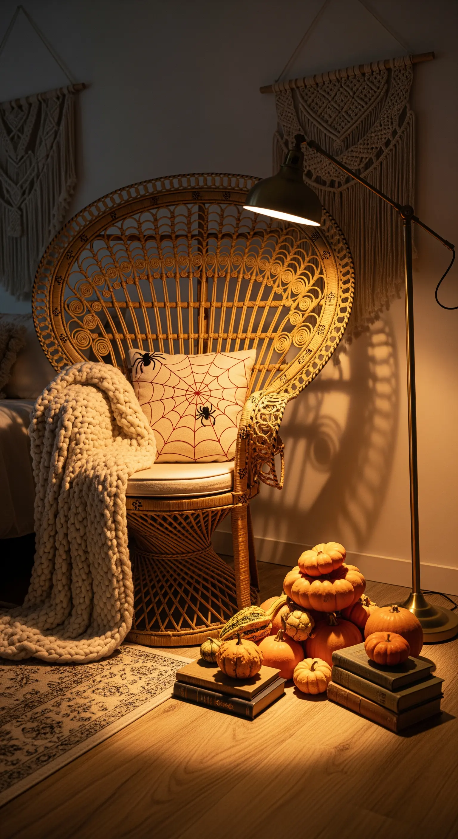 Boho-Leseecke mit Rattan-Sessel, Spinnenkissen, Kürbissen und Büchern