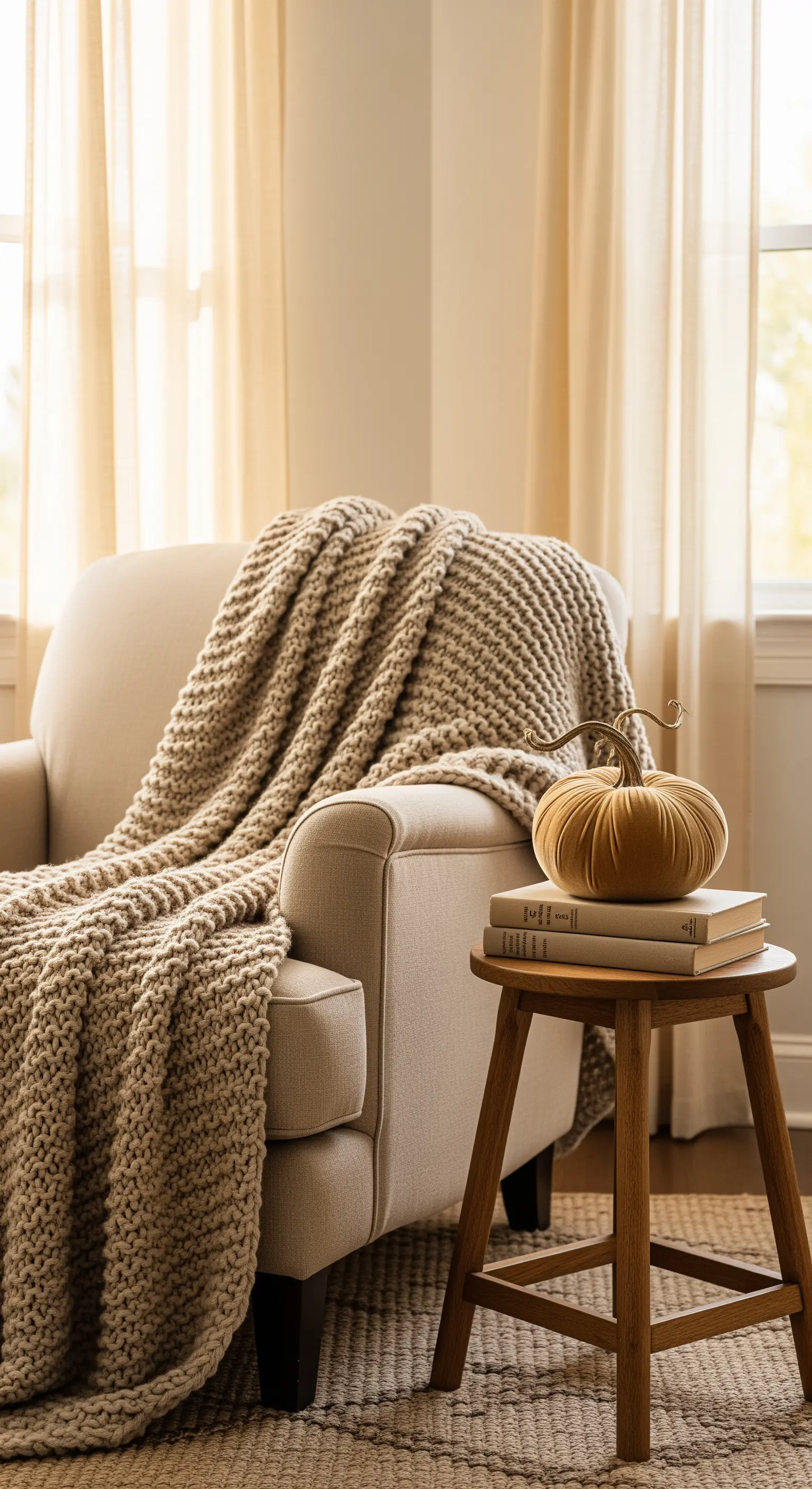 Sessel mit Strickdecke, Samtkürbis auf Büchern auf einem Beistelltisch.