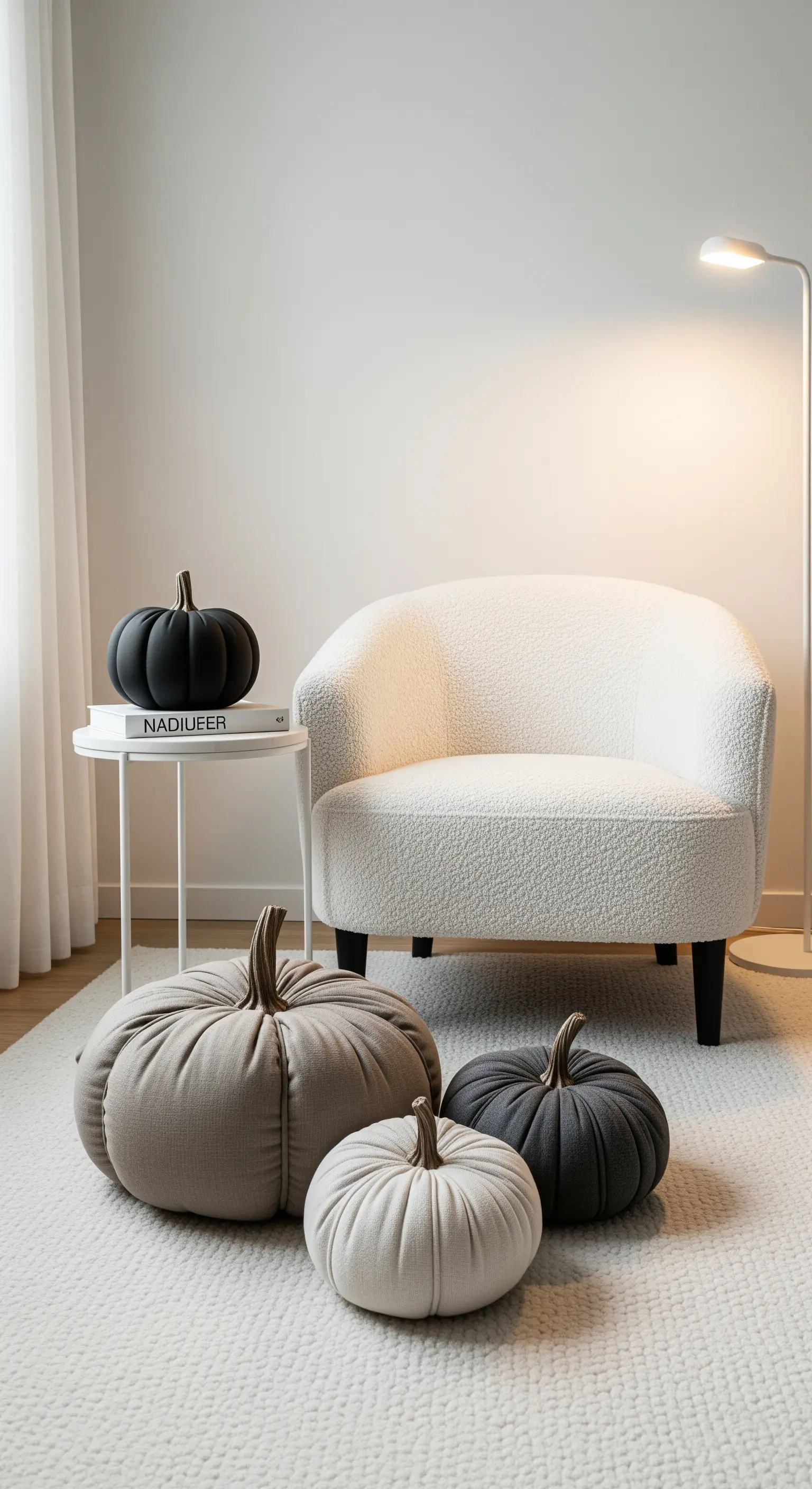Leseecke mit Stoffkürbissen und einem schwarzen Keramikkürbis