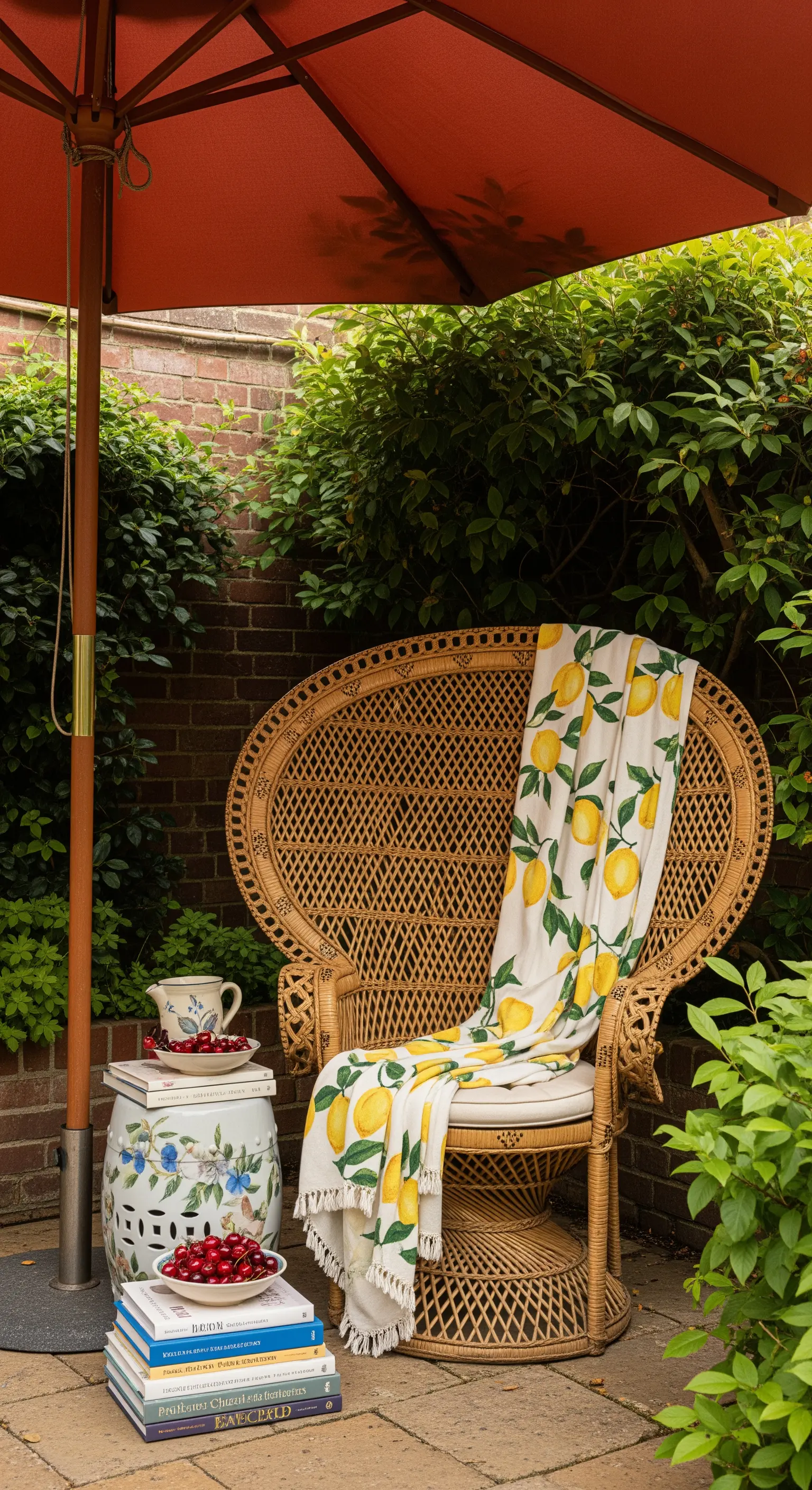 Leseecke im Garten mit Korbstuhl, Zitronendecke und Büchern
