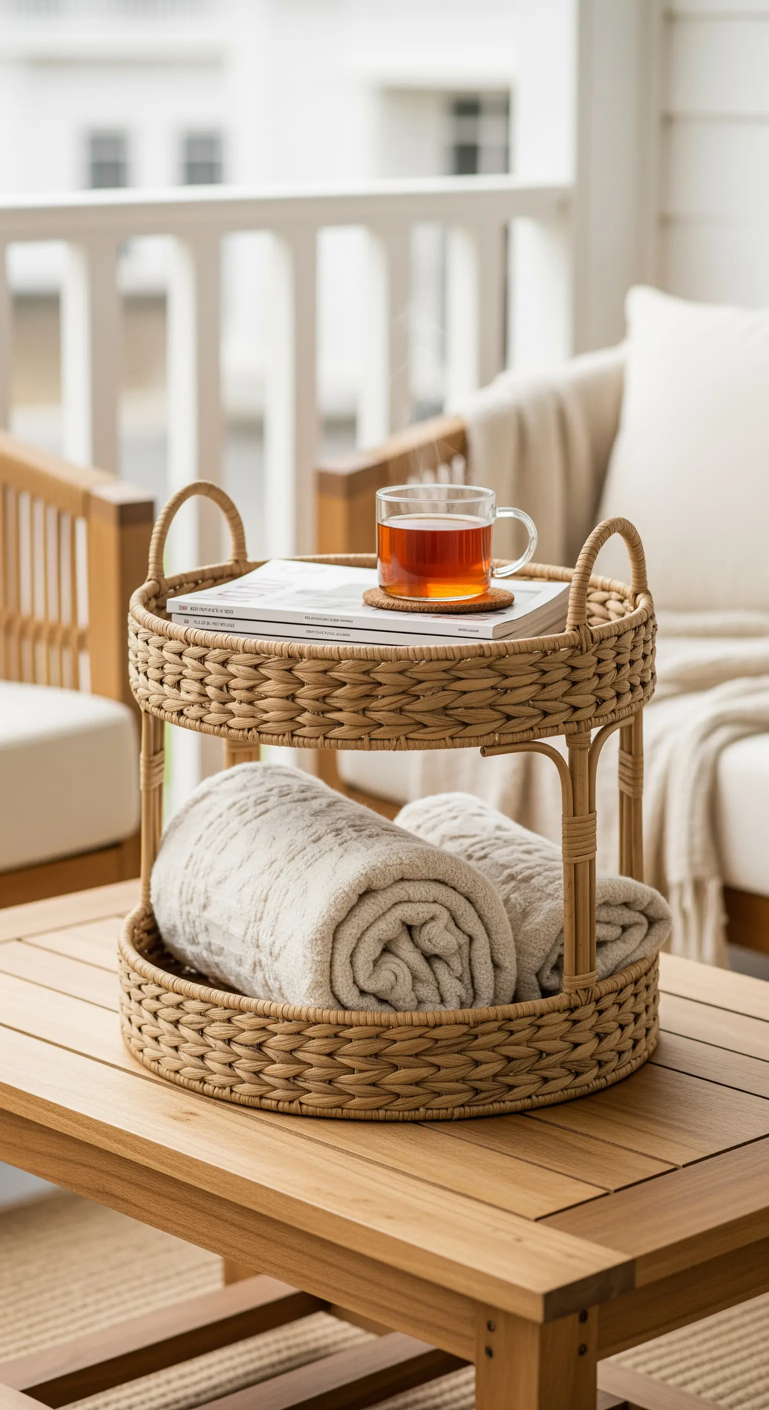 Niedrige Rattan-Etagere auf einem Holztisch mit einer gerollten Decke, einem Buch und Tee.