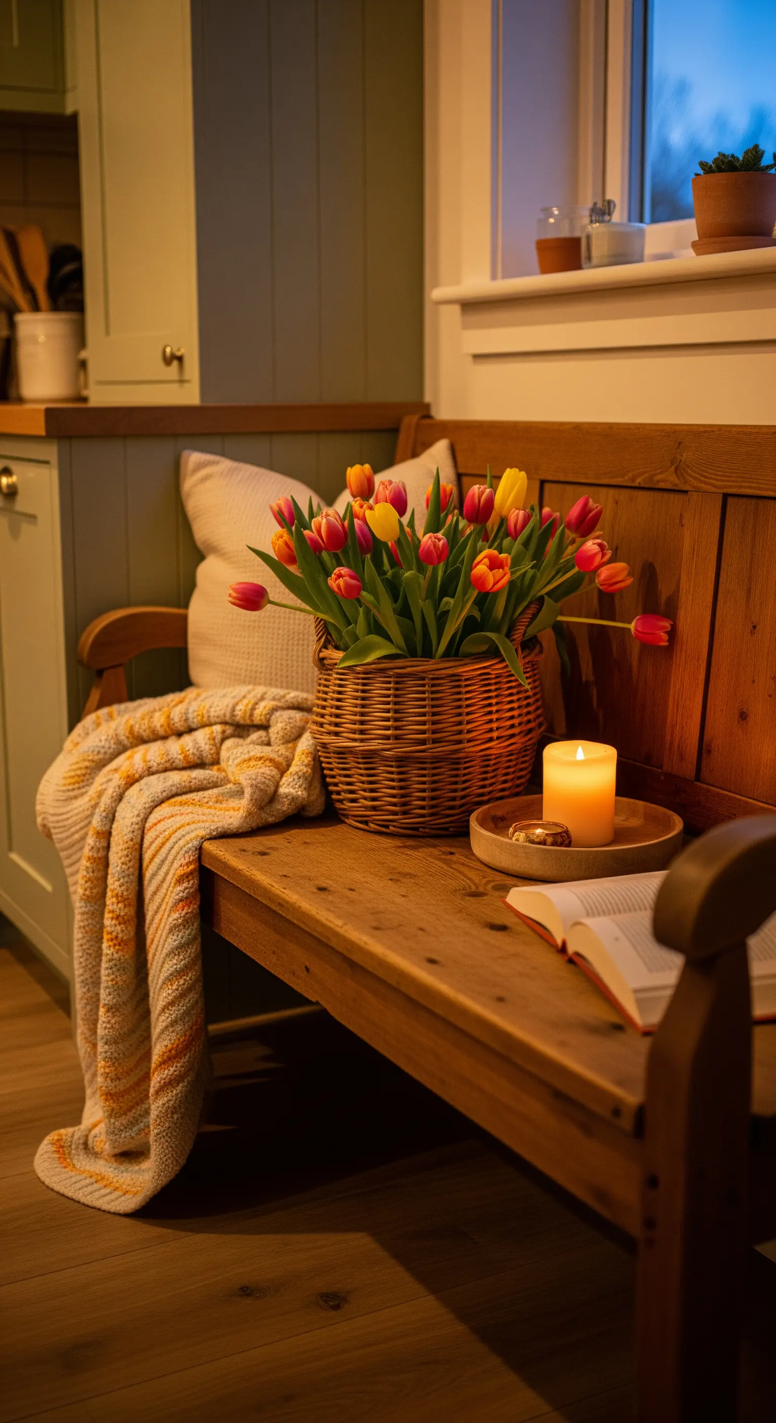 Küchenbank mit Tulpenkorb, Kuscheldecke, offenem Buch und Kerze