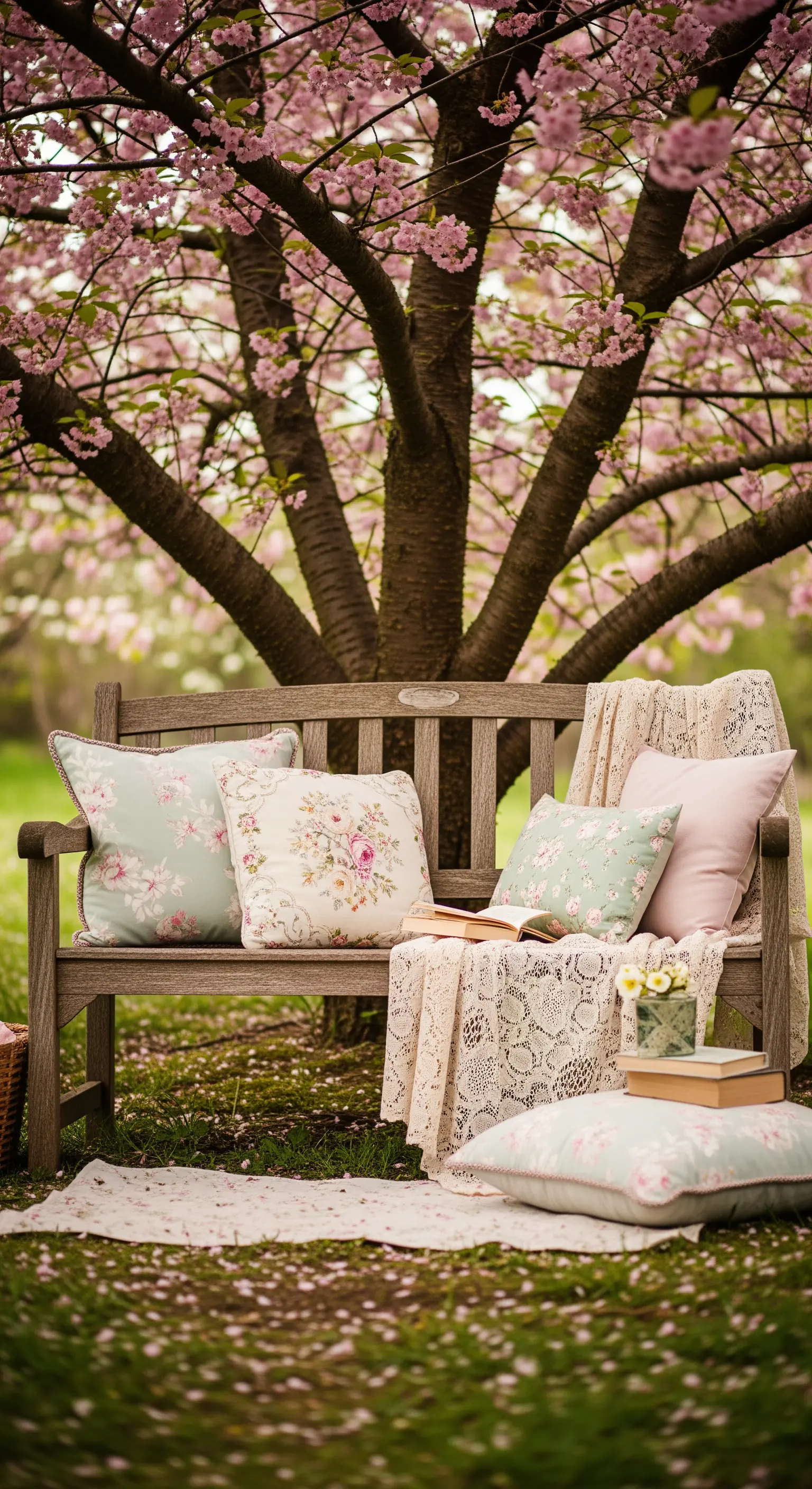 Holzbank unter Kirschbaum mit floralen Kissen und Spitzendecke