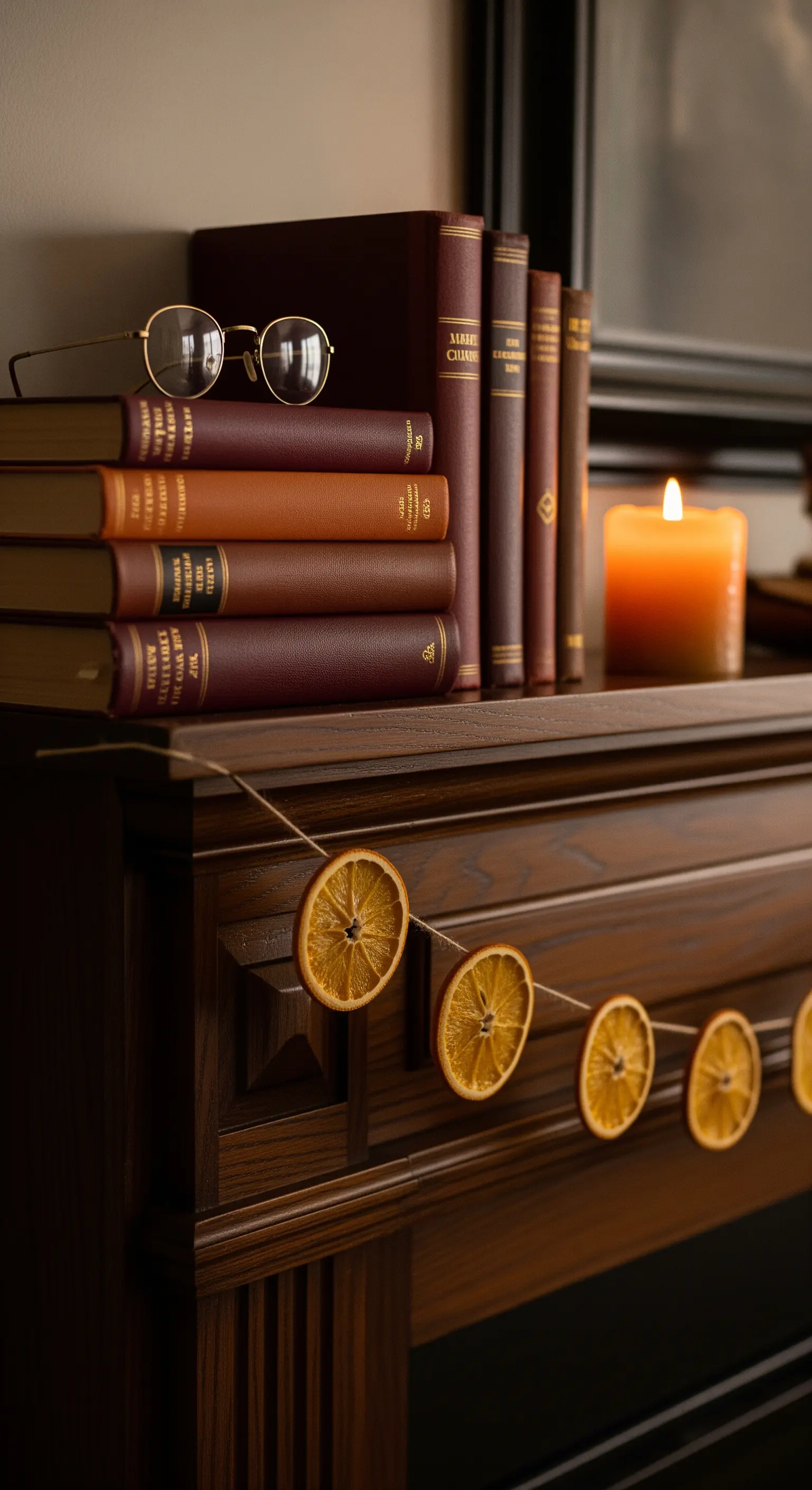 Herbstliche Kamin-Deko im Academia-Stil mit alten Büchern und einer Girlande aus Orangenscheiben.