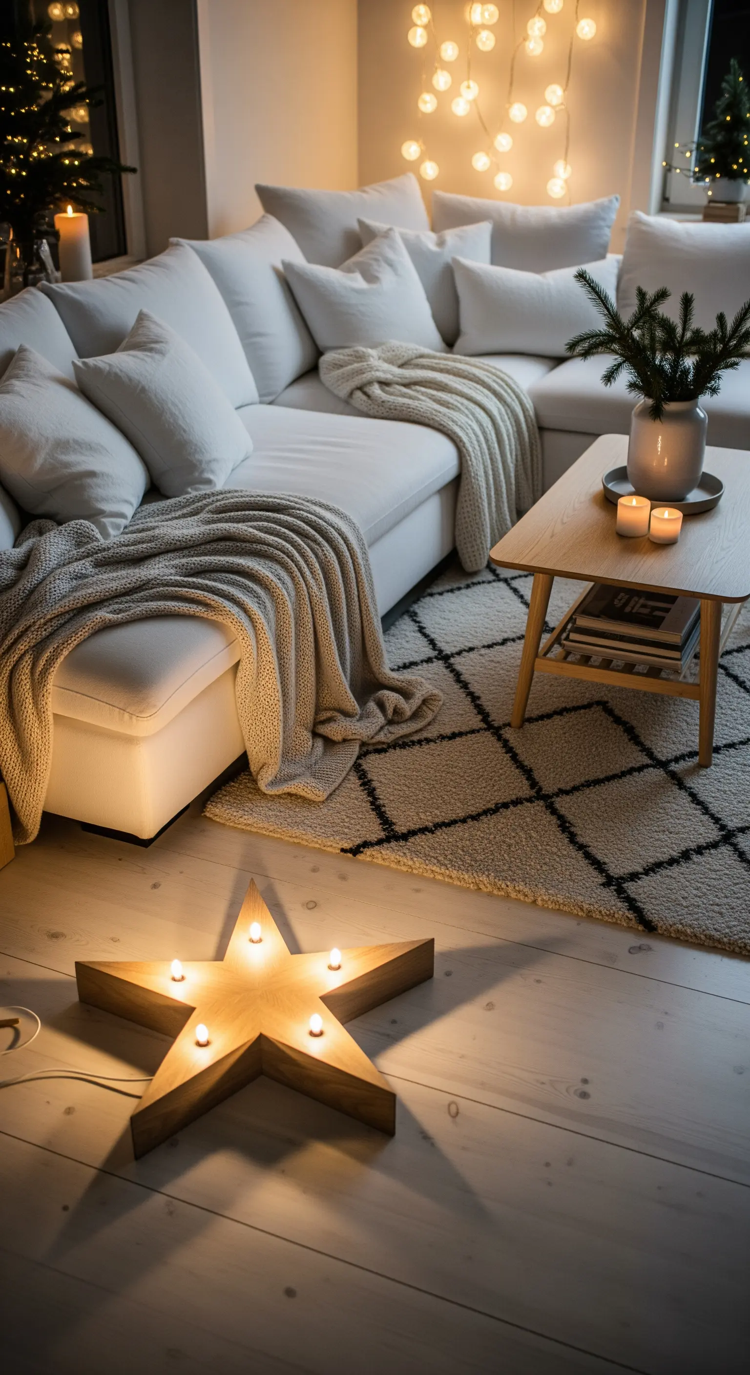 Wohnzimmer mit Ecksofa, Lichterketten, leuchtendem Holzstern und Teppich