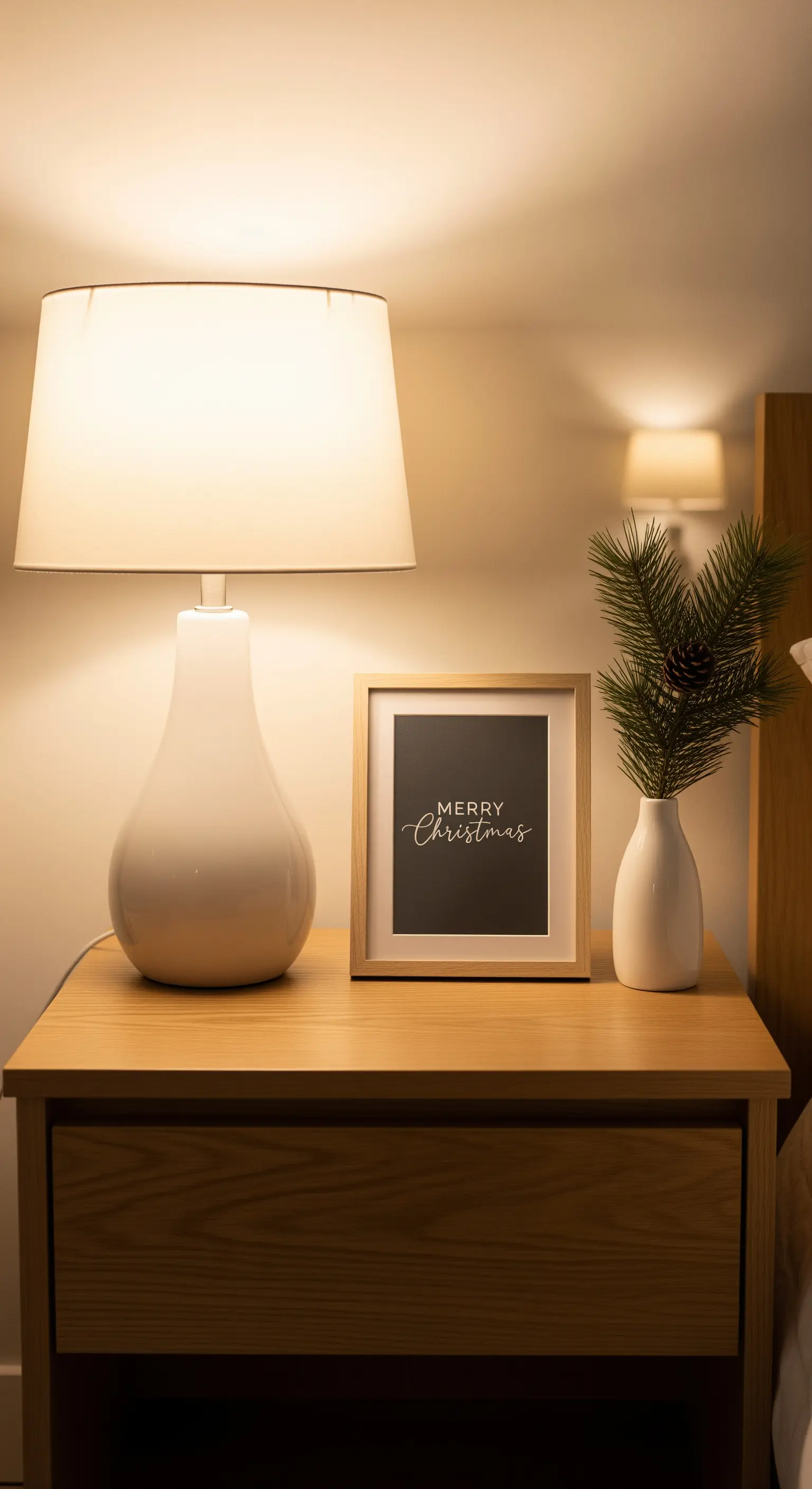 Nachttisch mit Lampe, gerahmtem Bild und Vase mit Tannenzweig