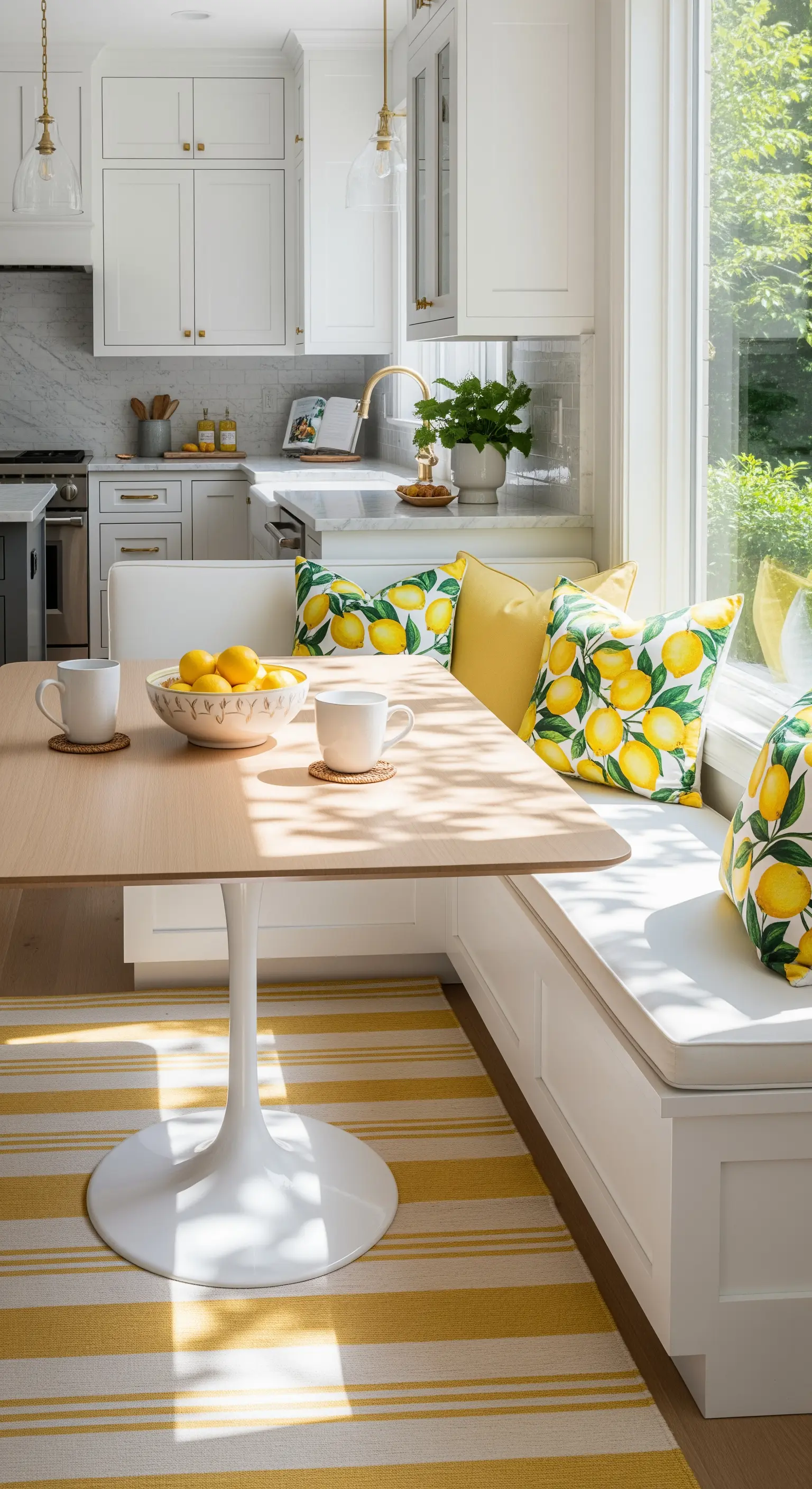 Sitzbank mit Zitronenkissen, gelb-weißem Teppich und Schale Zitronen.