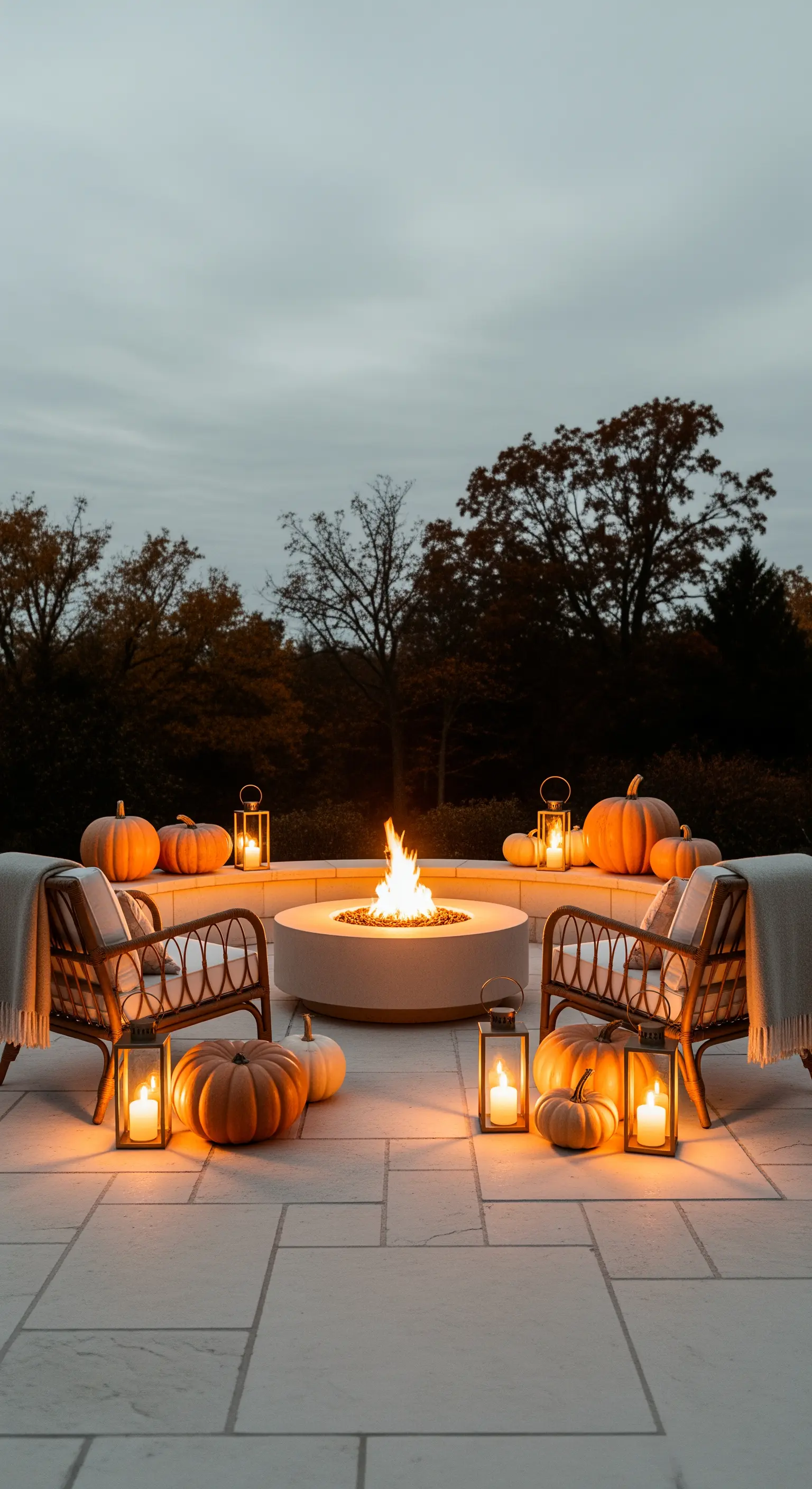 Outdoor-Feuerstelle mit Rattan-Stühlen, Laternen und vielen Kürbissen bei Dämmerung.