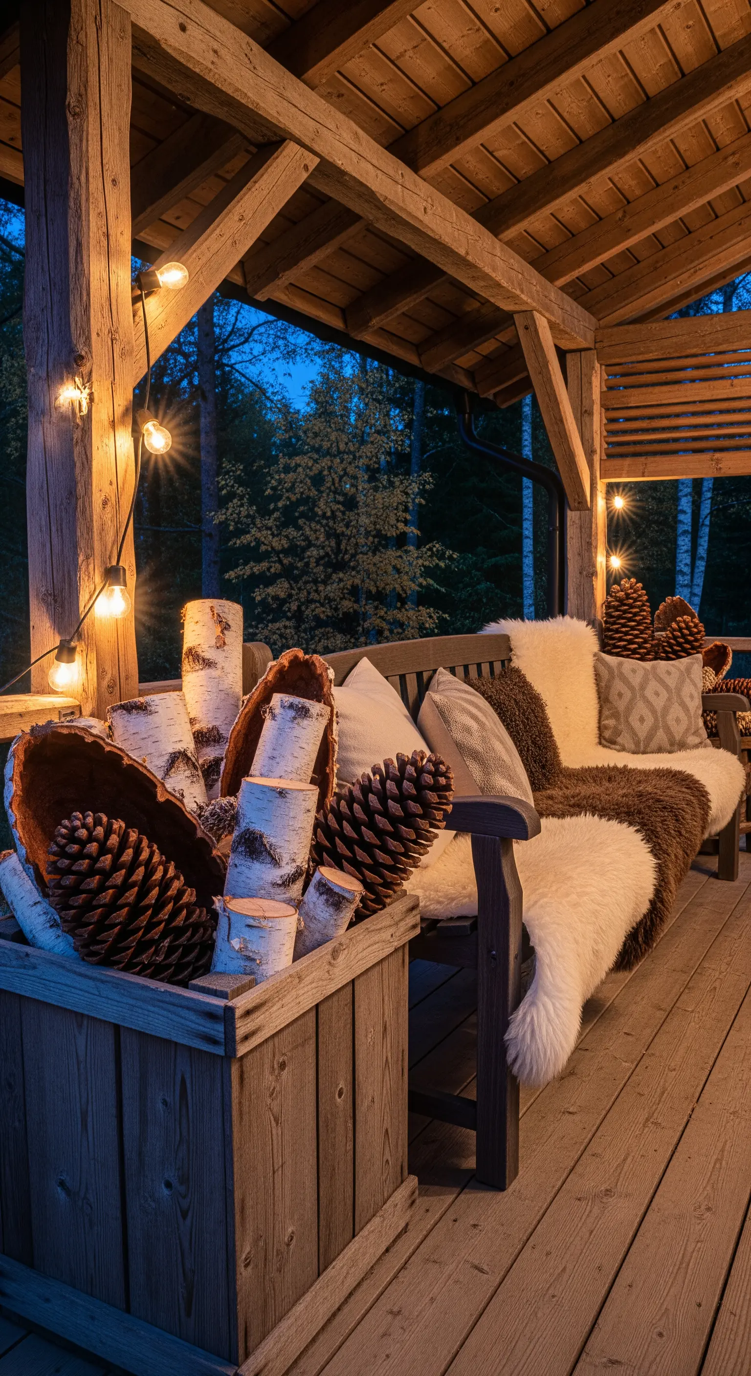 Überdachte Terrasse mit Sitzbank, Fellen, Kissen, Holzkasten mit Birkenstämmen und Lichterkette