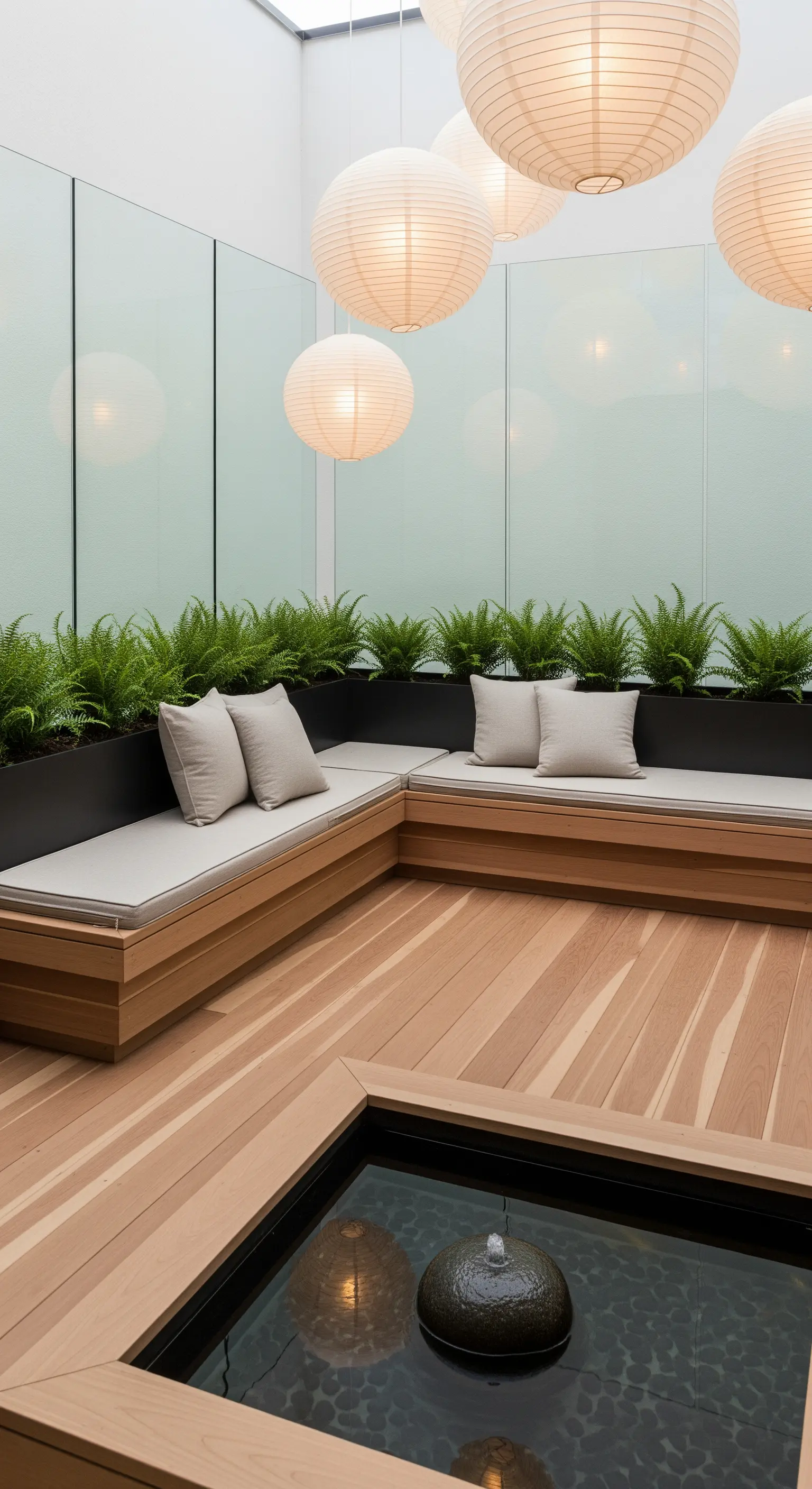 Gemütliche Outdoor-Sitzecke mit Holzbänken, Kissen, Farnen und Papierlaternen