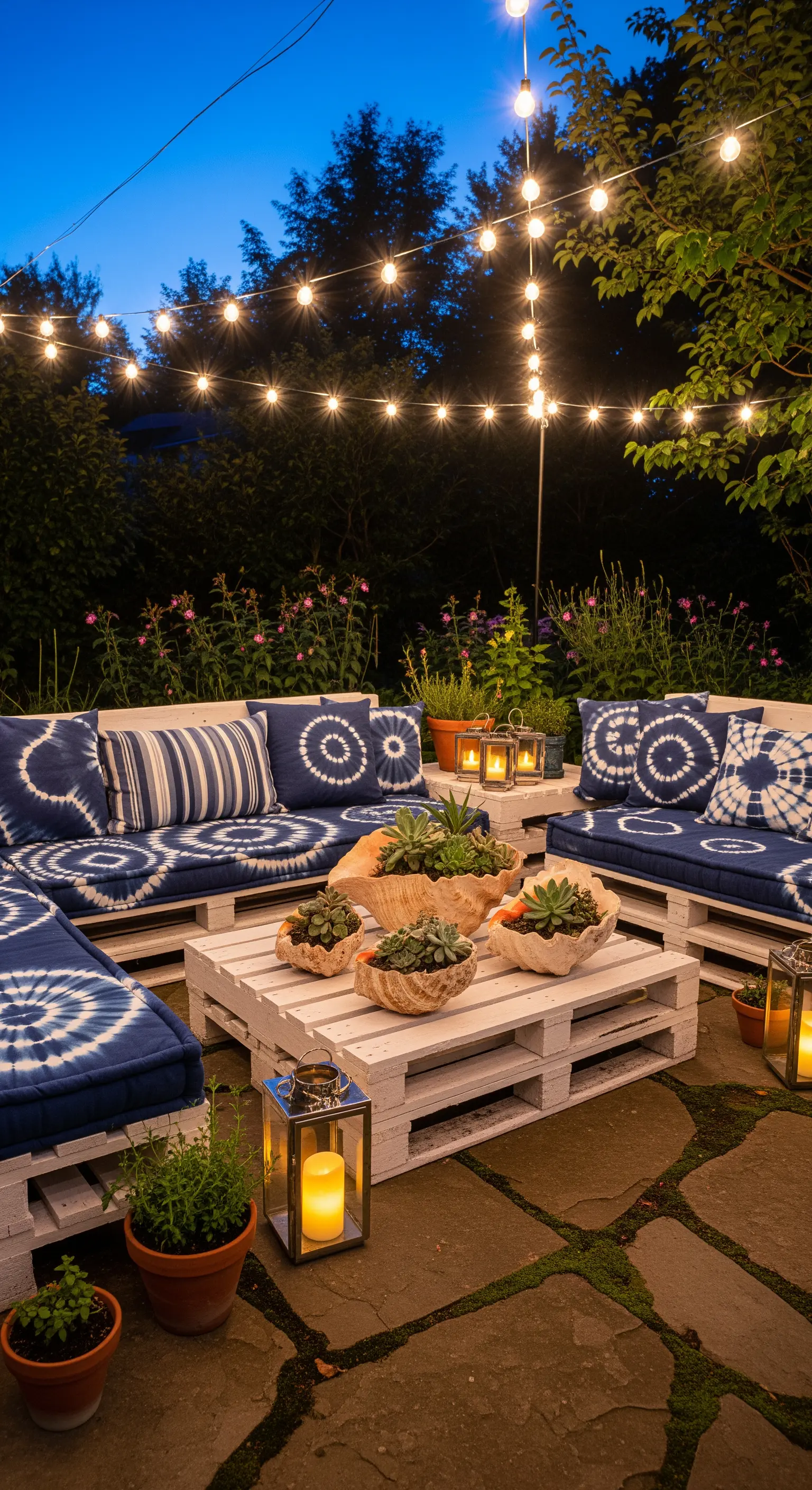 Terrasse mit weißen Palettenmöbeln, blauen Kissen und Lichterketten bei Dämmerung