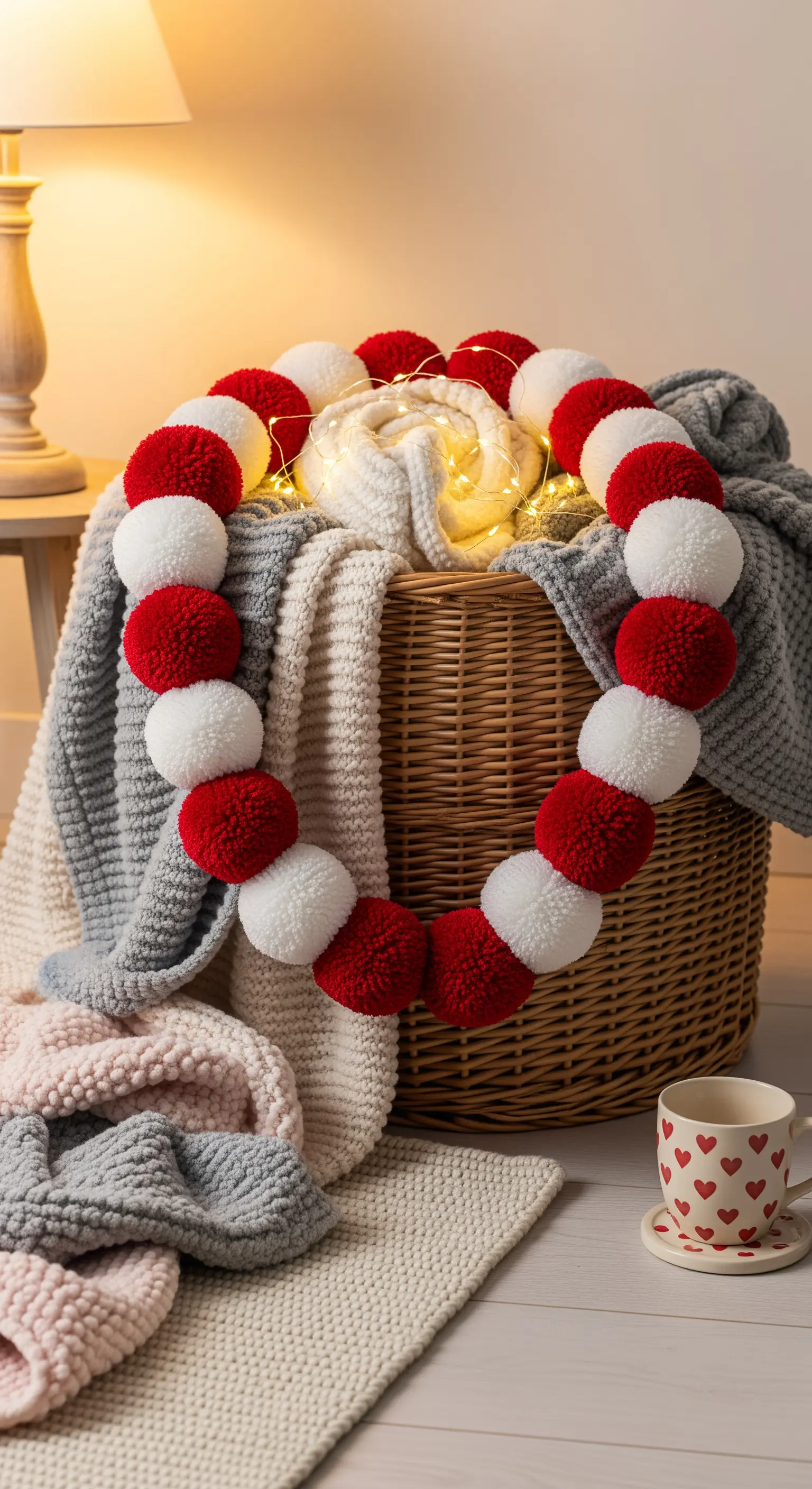 Pom-Pom-Herz-Girlande, Deckenkorb, gemütliche Texturen