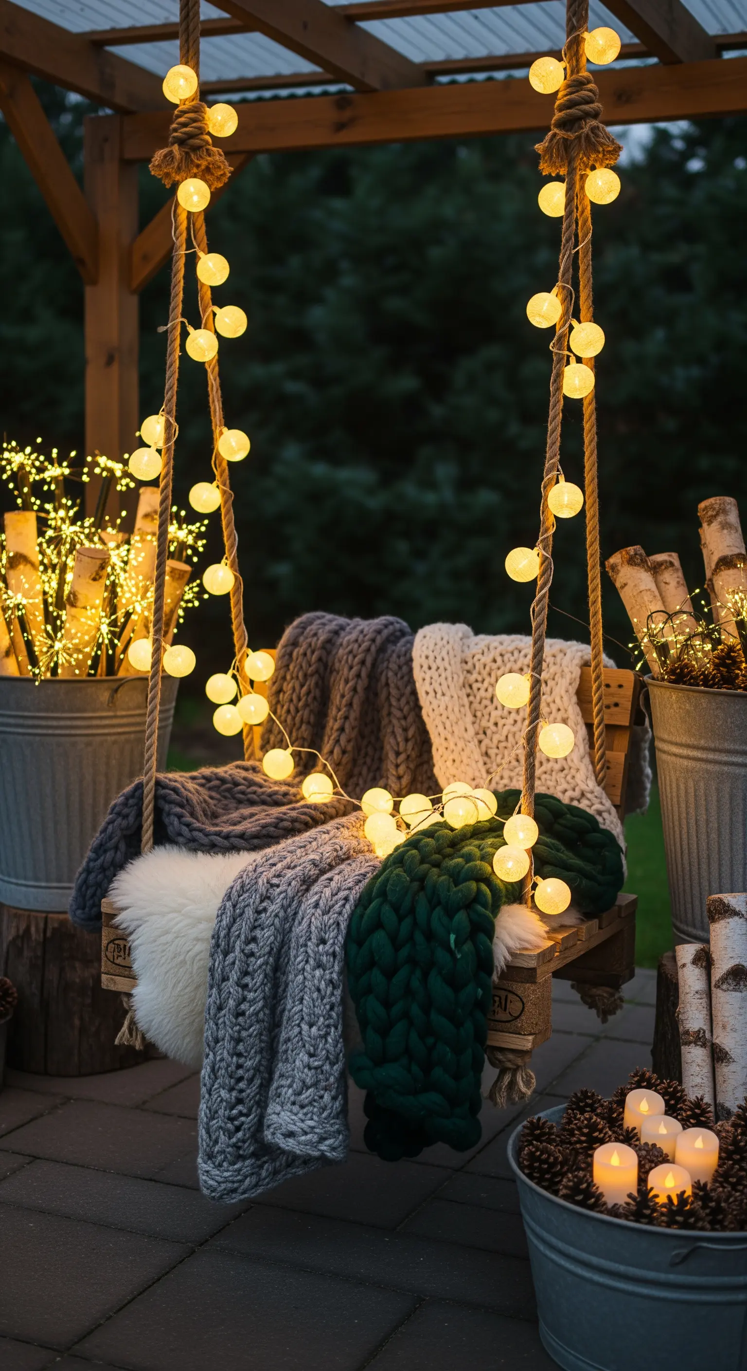 Outdoor-Schaukel mit warmen Decken, Fellen und großen Lichterketten-Kugeln, umgeben von Naturdeko.