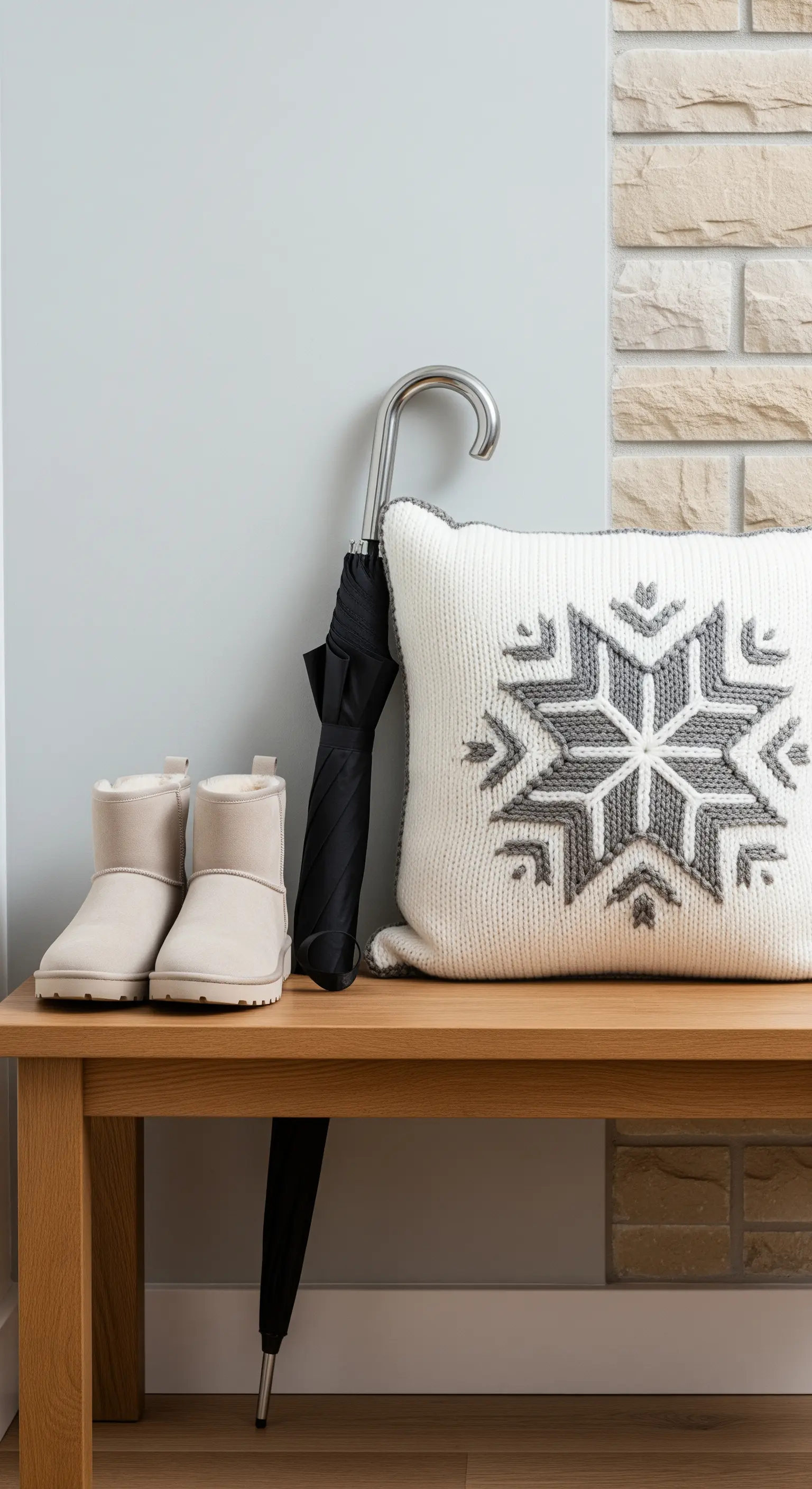 Holzbank mit Strickkissen, Regenschirm und Winterstiefeln.