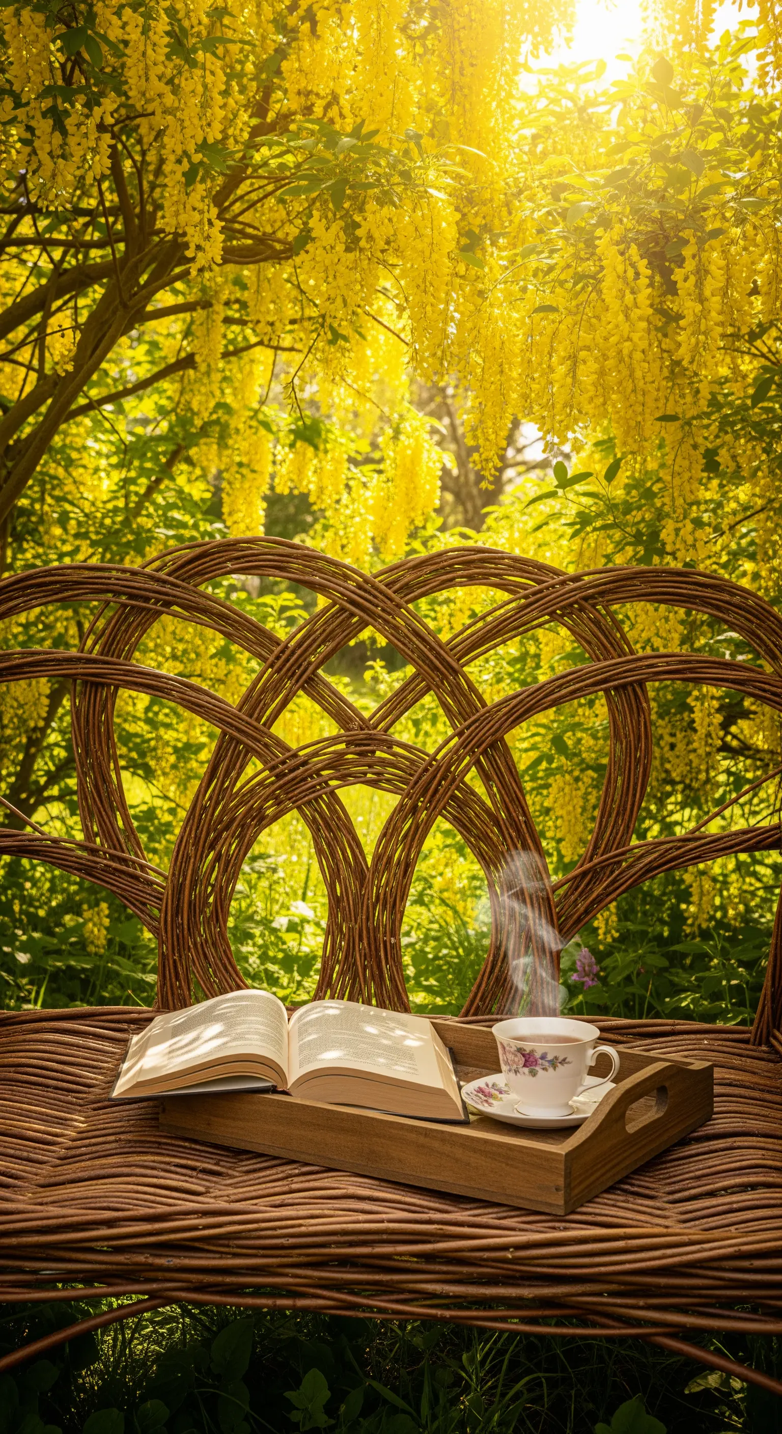 Geflochtene Holzbank unter Goldregen mit Teetasse und Buch auf Tablett