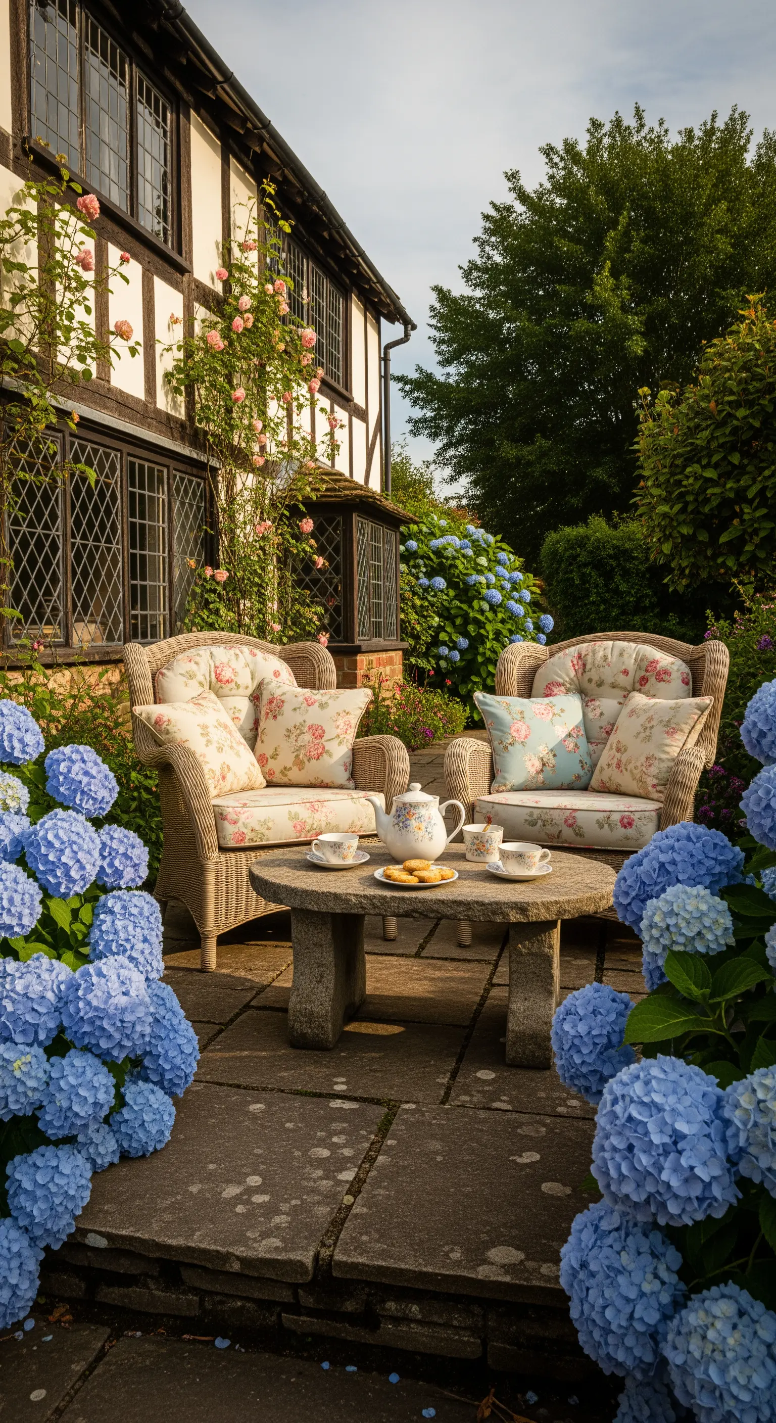Zwei Korbsessel mit floralen Kissen und Steintisch auf einer Terrasse, umgeben von Hortensien