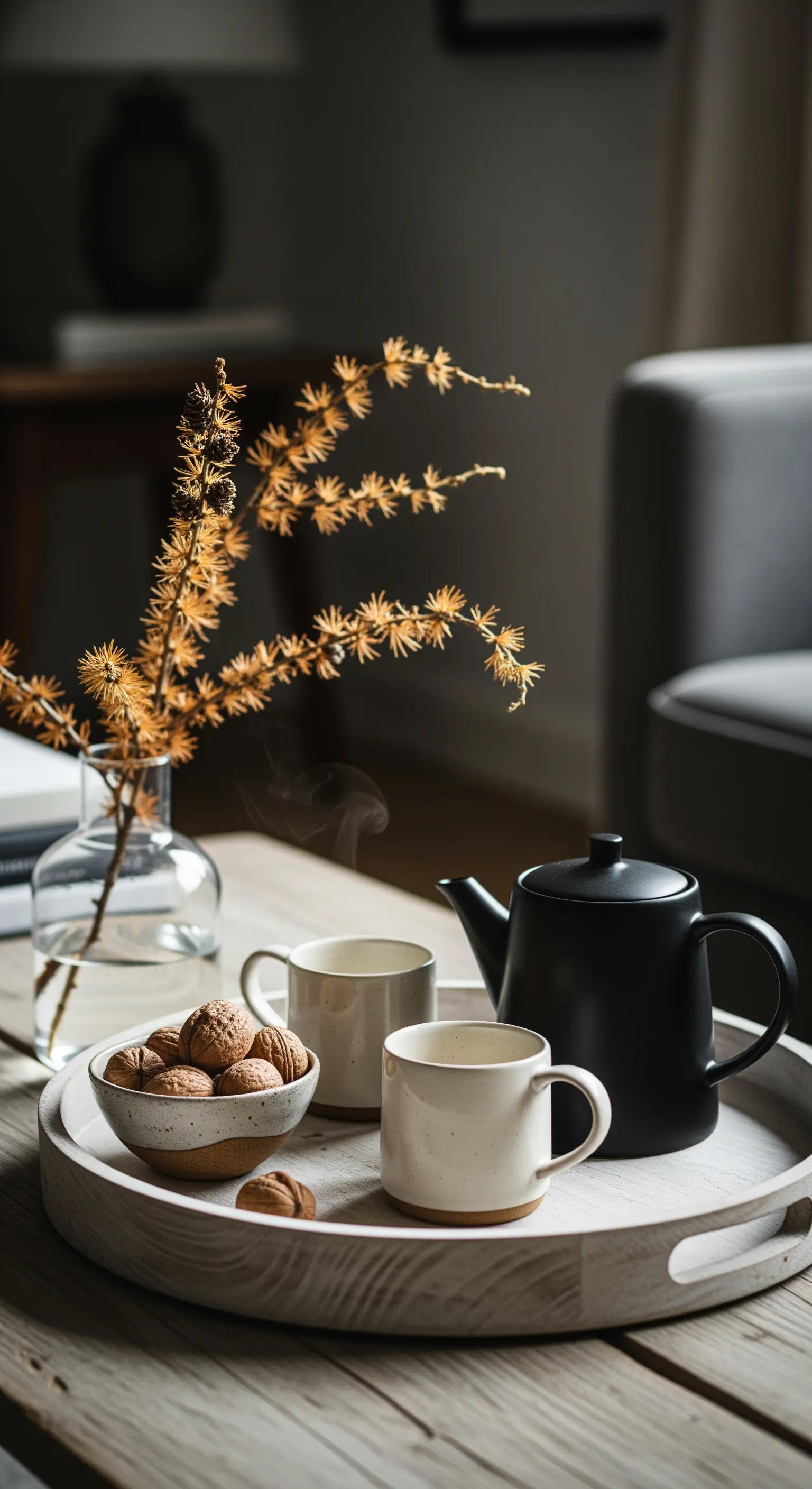 Holztablett mit Teekanne, Tassen, Nüssen und Lärchenzweigen