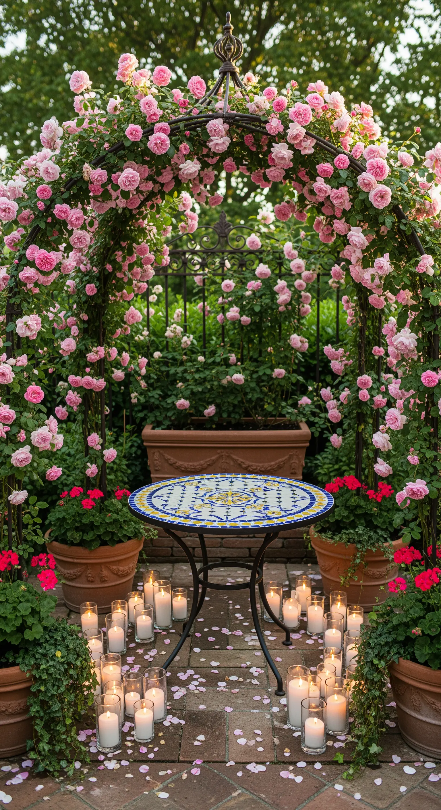Runder Mosaiktisch unter rosa Rosenbogen, umgeben von Kerzen und Topfrosen