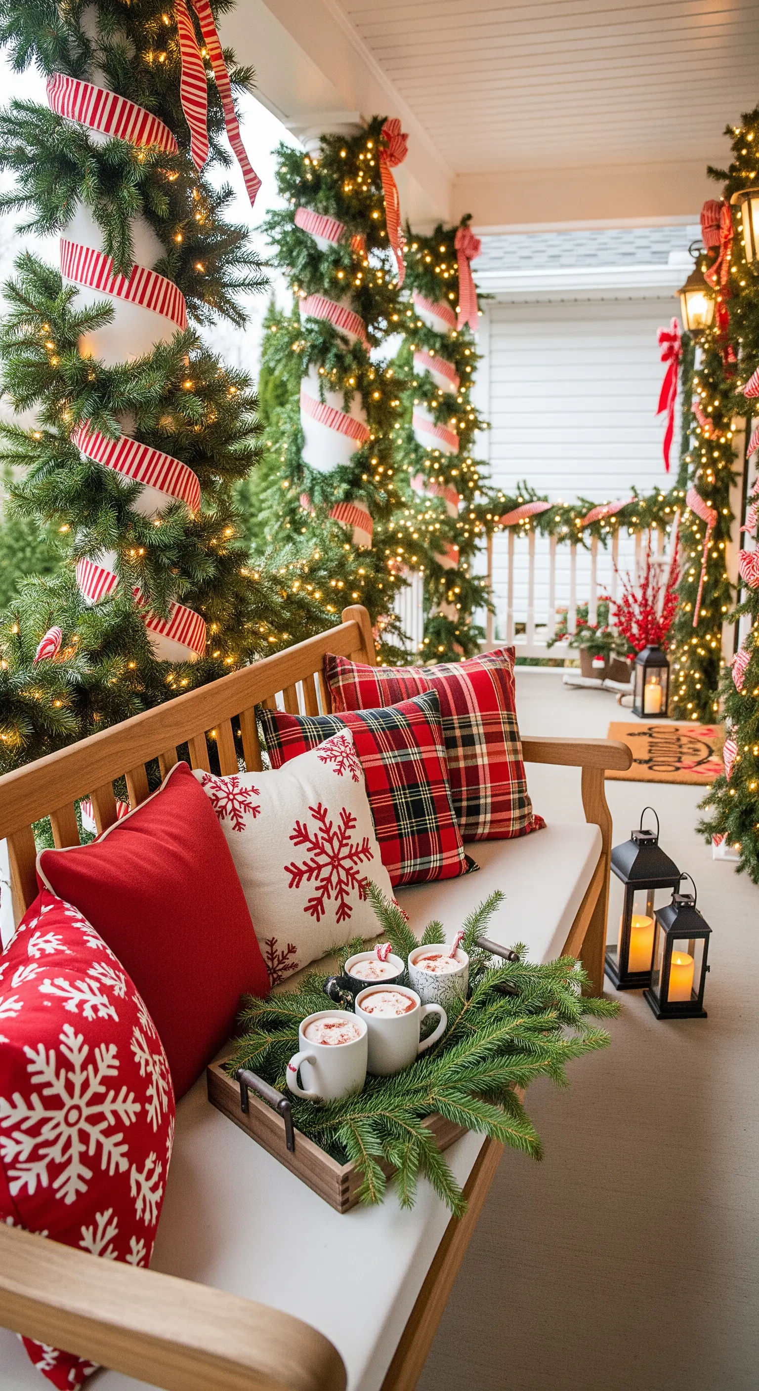 Veranda mit rot-weiß dekorierten Tannenbäumen, Kissen und Tablett mit Heißgetränk.