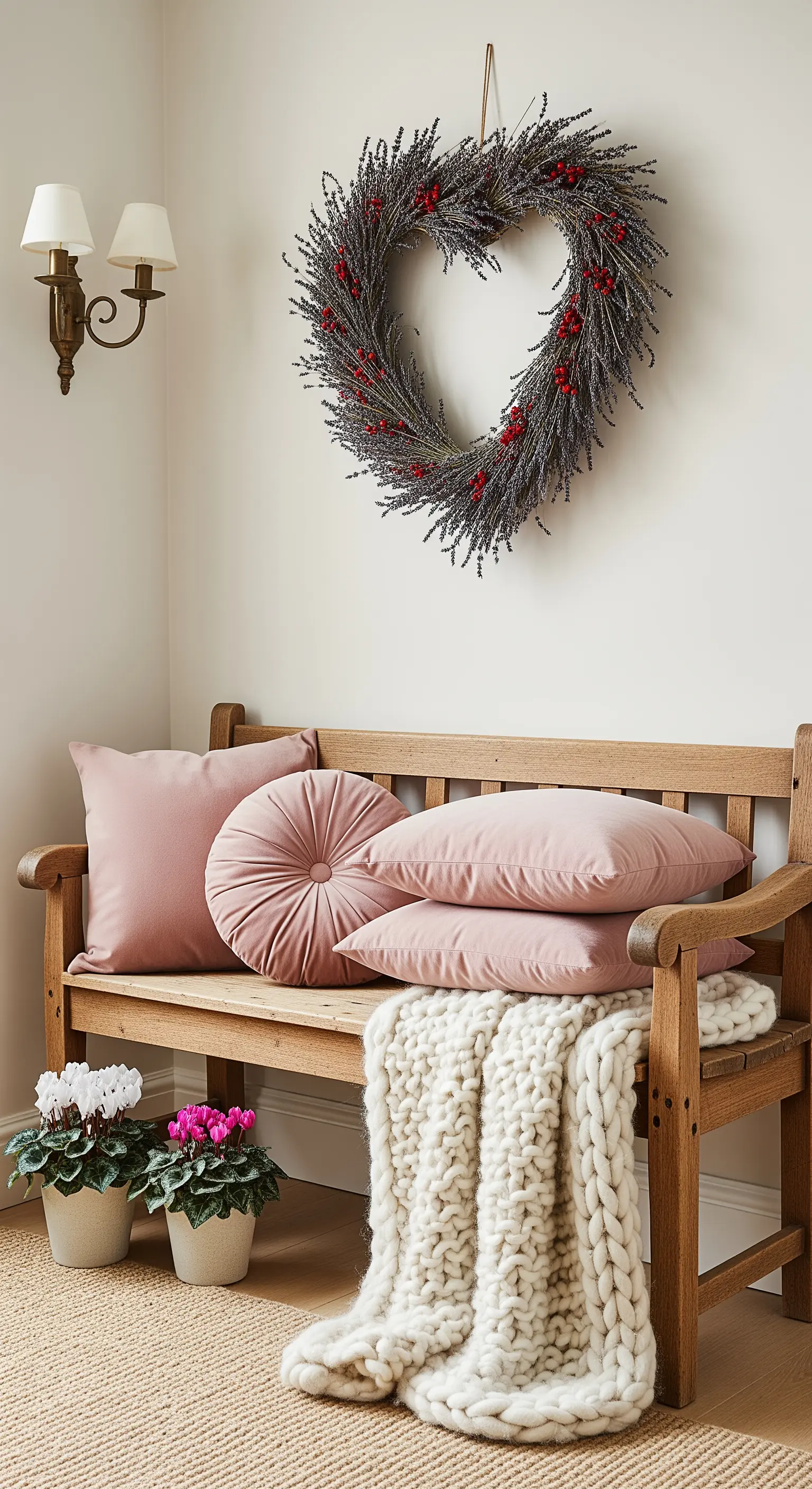 Gemütliche Eingangsbank mit rosa Kissen, Strickdecke und Lavendelherzkranz.