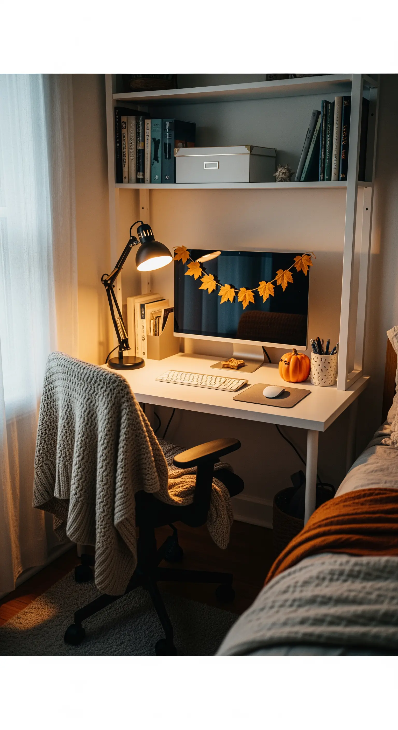 Schreibtisch mit Herbstblatt-Girlande, Kürbis, Strickdecke.
