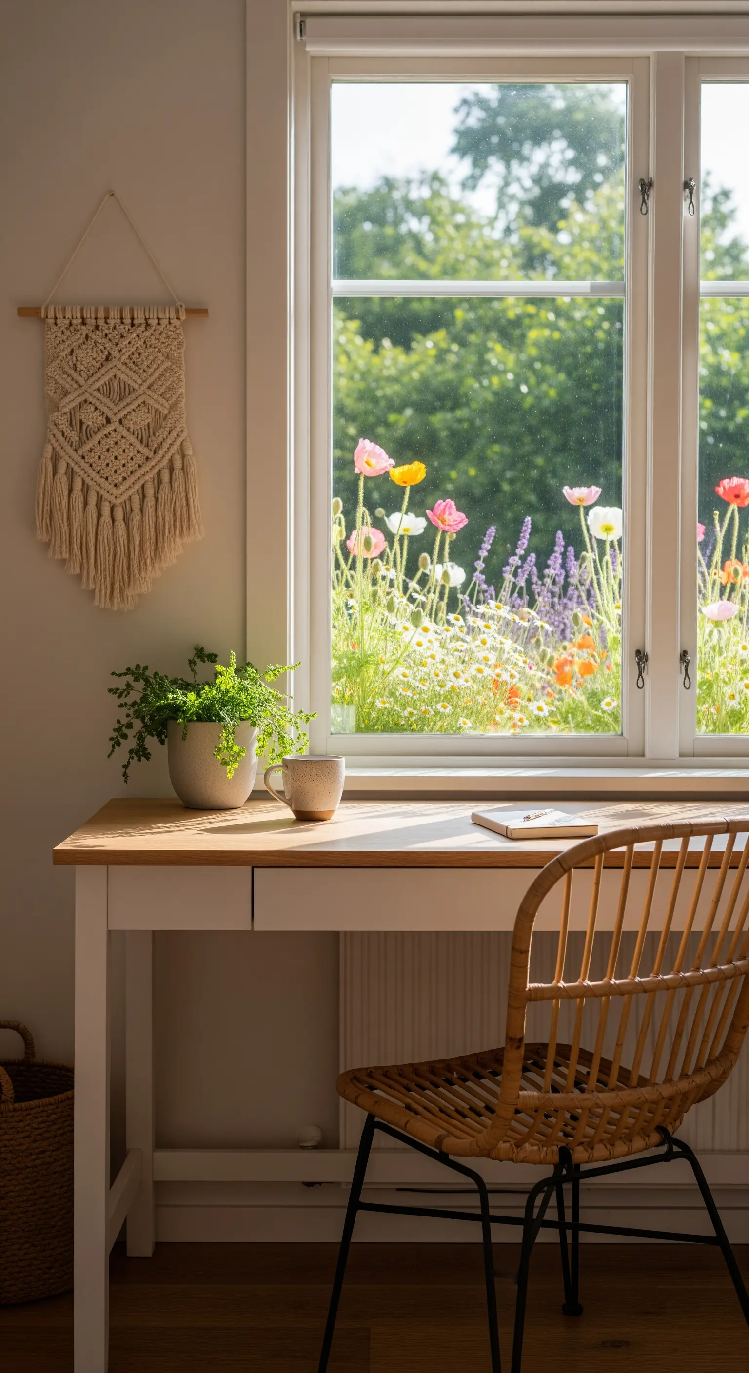 Kleiner Schreibtisch am Fenster, Rattan-Stuhl, Makramee-Wandbehang