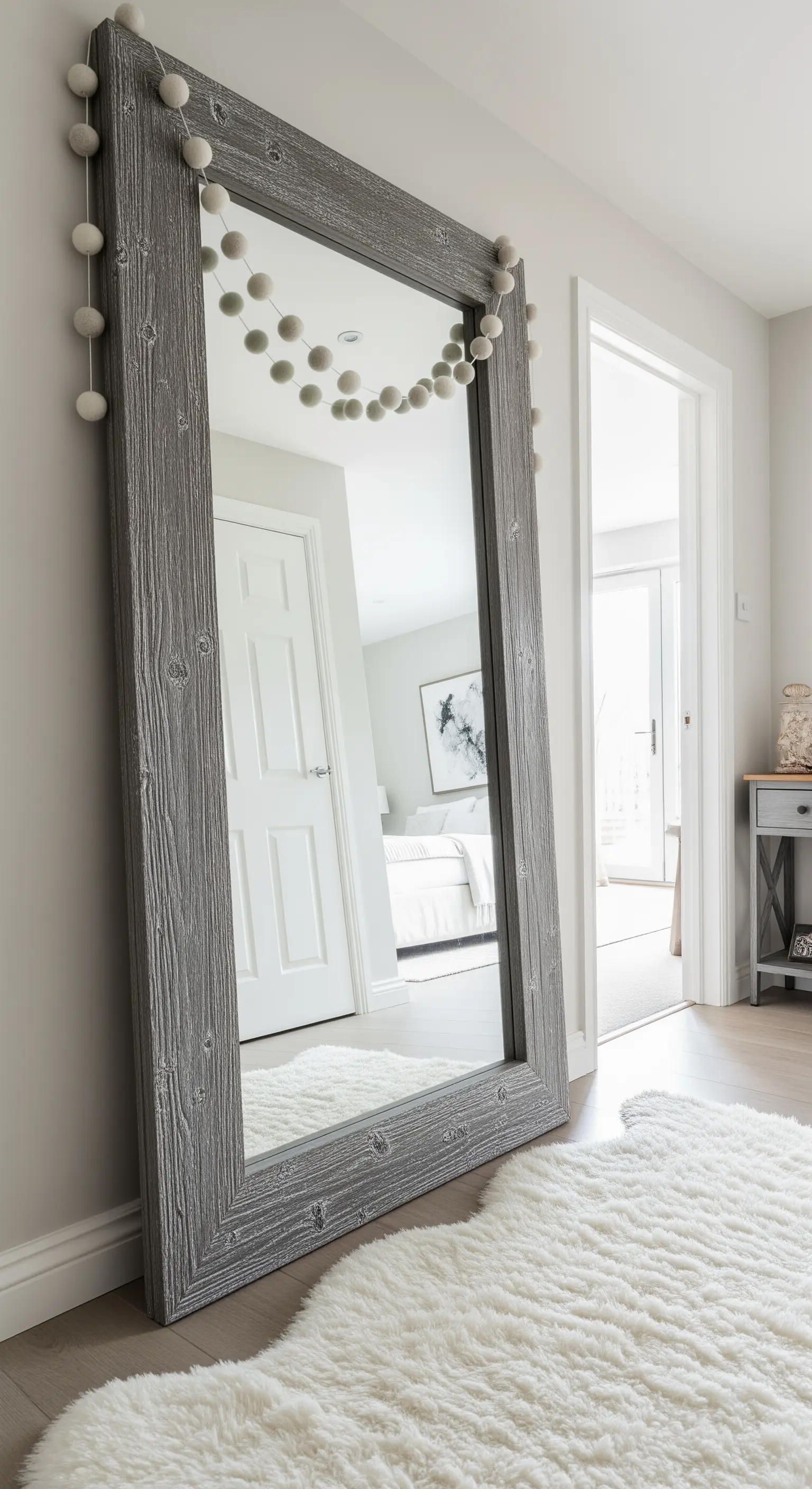 Großer Holzspiegel mit Filzgirlande und weißem Schaffellteppich.