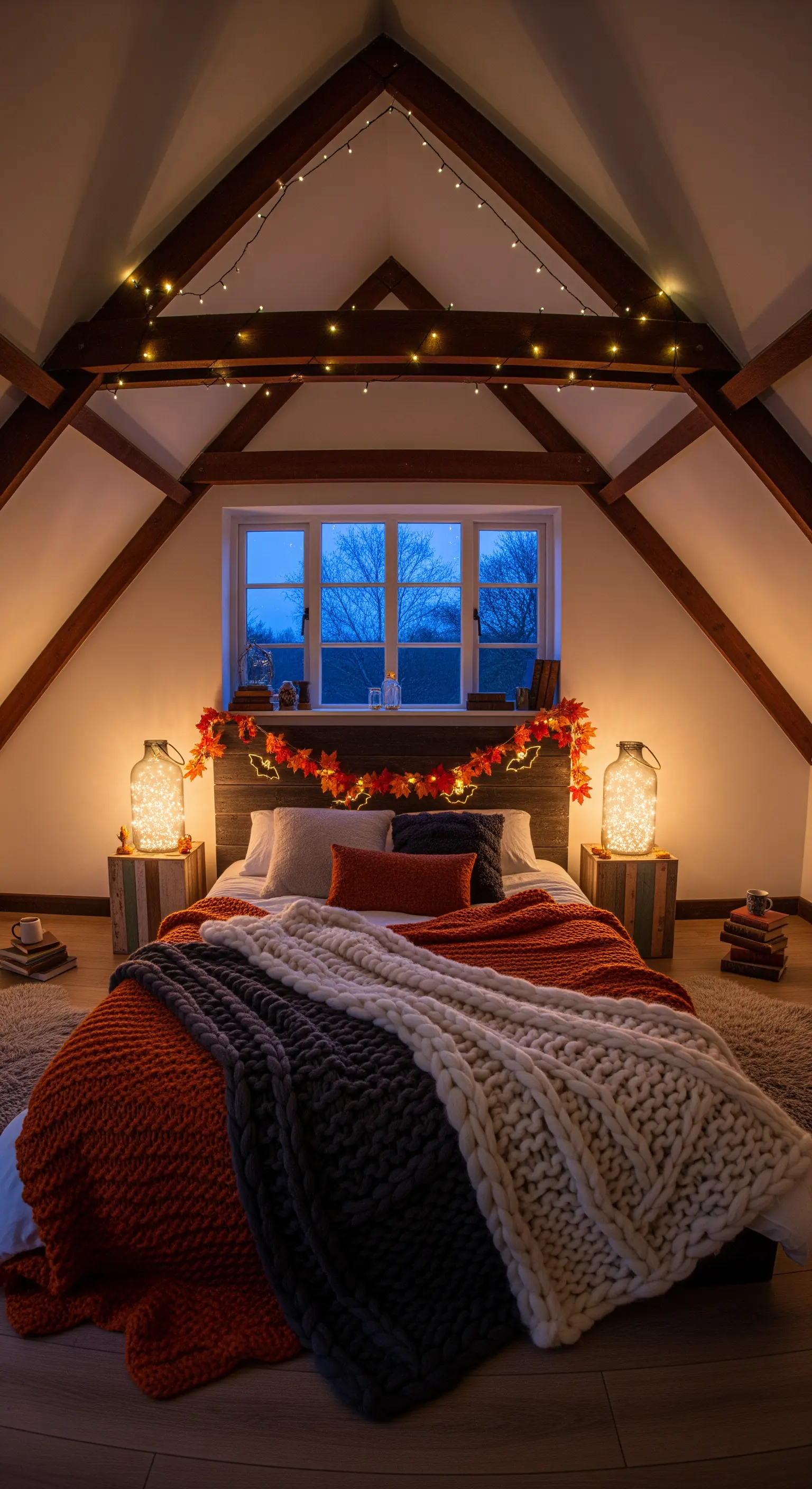 Dachschlafzimmer mit Lichterketten, Herbstgirlande und Strickdecken in warmen Tönen