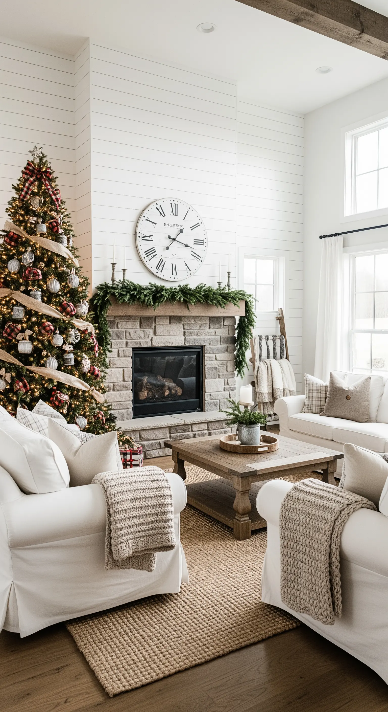 Farmhouse Weihnachtsdeko, rot kariert, Steinkamin, helle Sofas