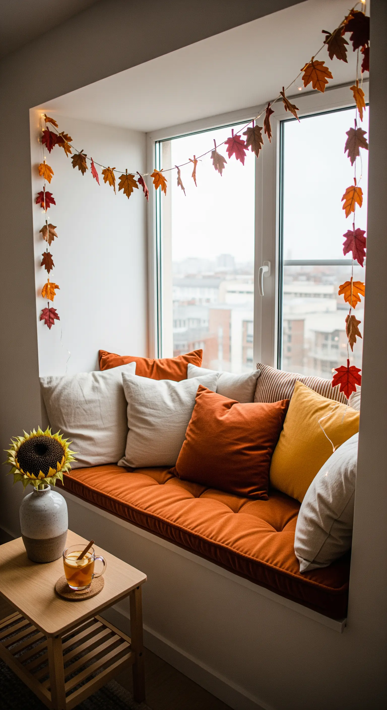 Fensterbank-Sitz mit orangefarbenen Kissen, Blattgirlande und Teetasse.