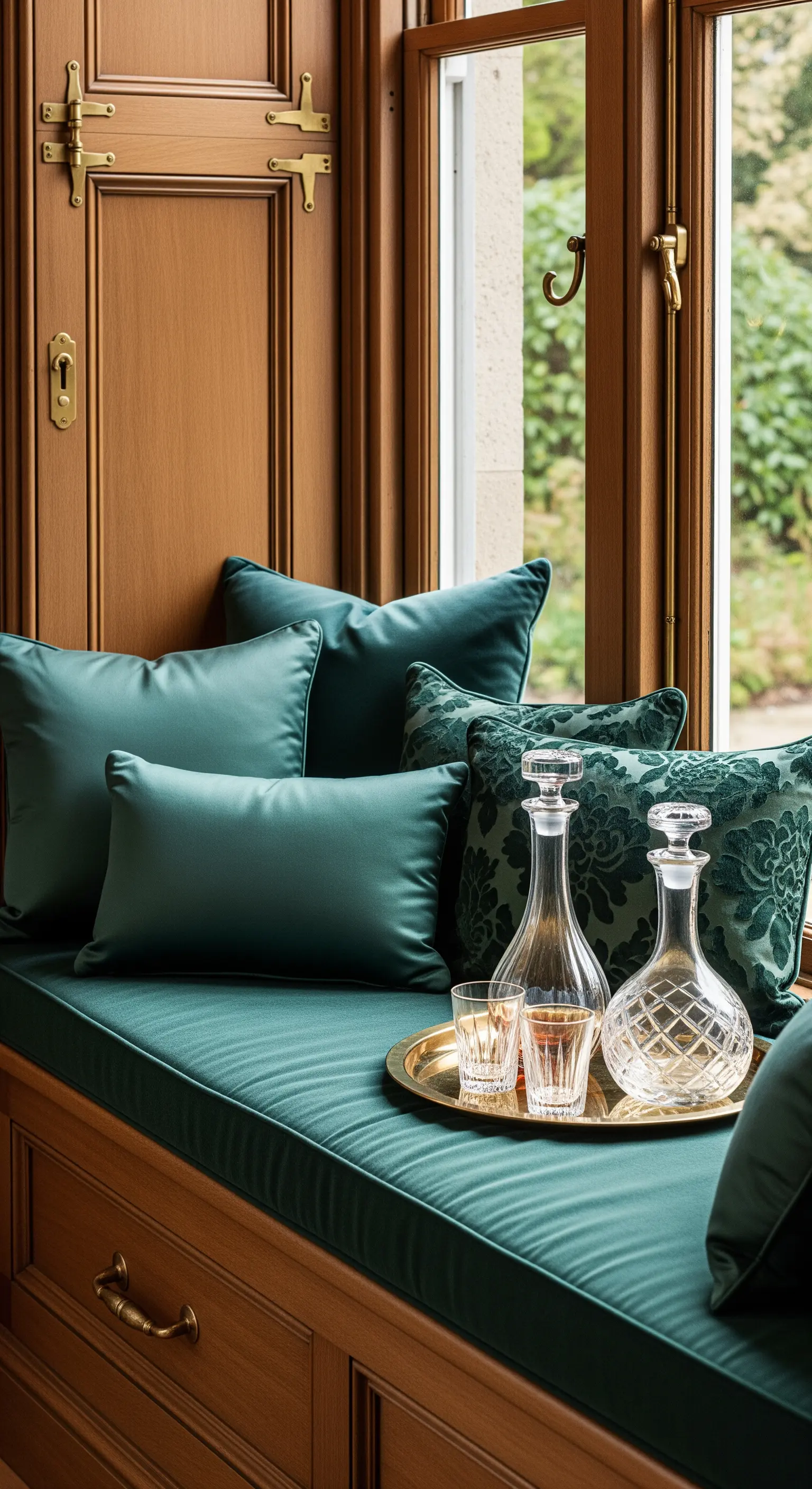 Grüner Fenstersitz mit Seidenkissen, Messing-Tablett, Kristallkaraffen, Holzverkleidung