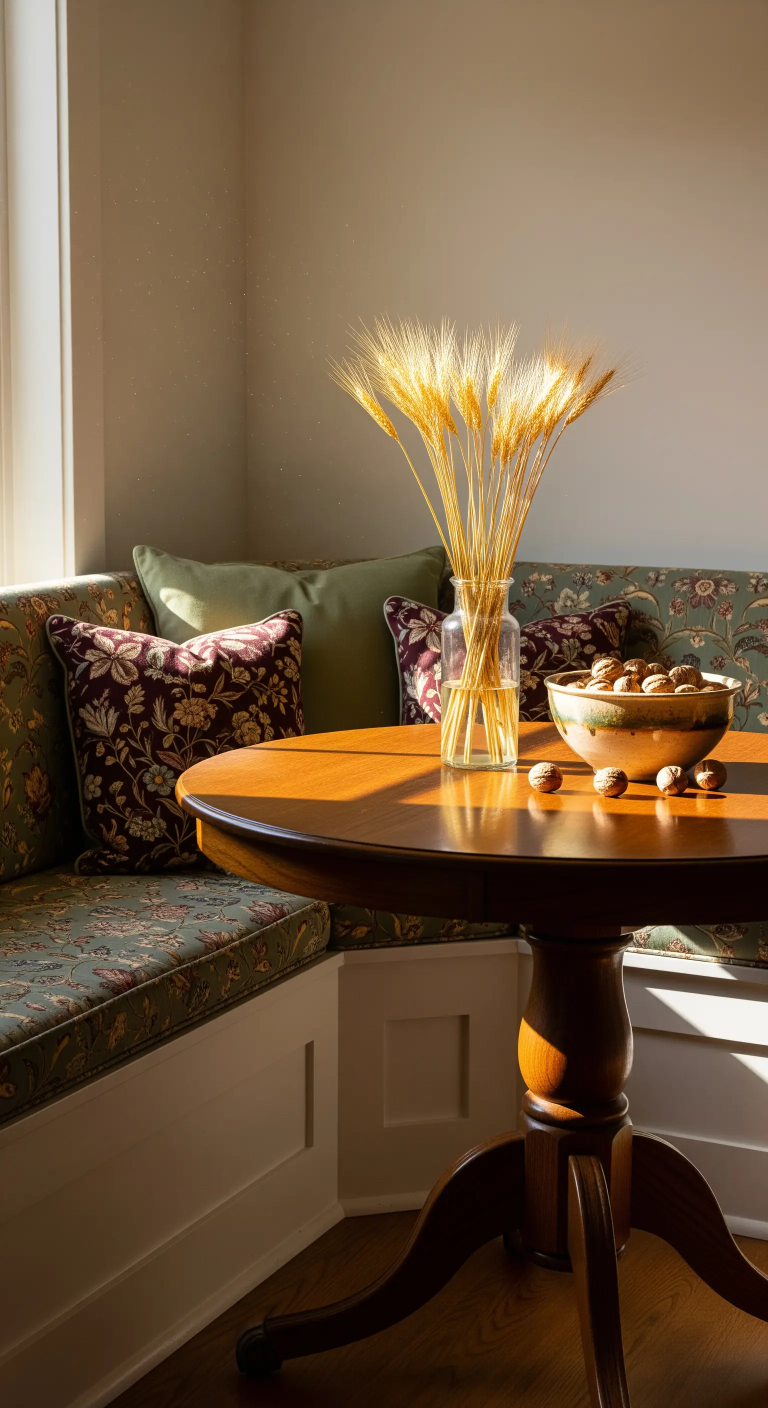 Frühstücksecke mit Weizenähren in Vase, Nüssen in Schale und gemusterten Kissen.