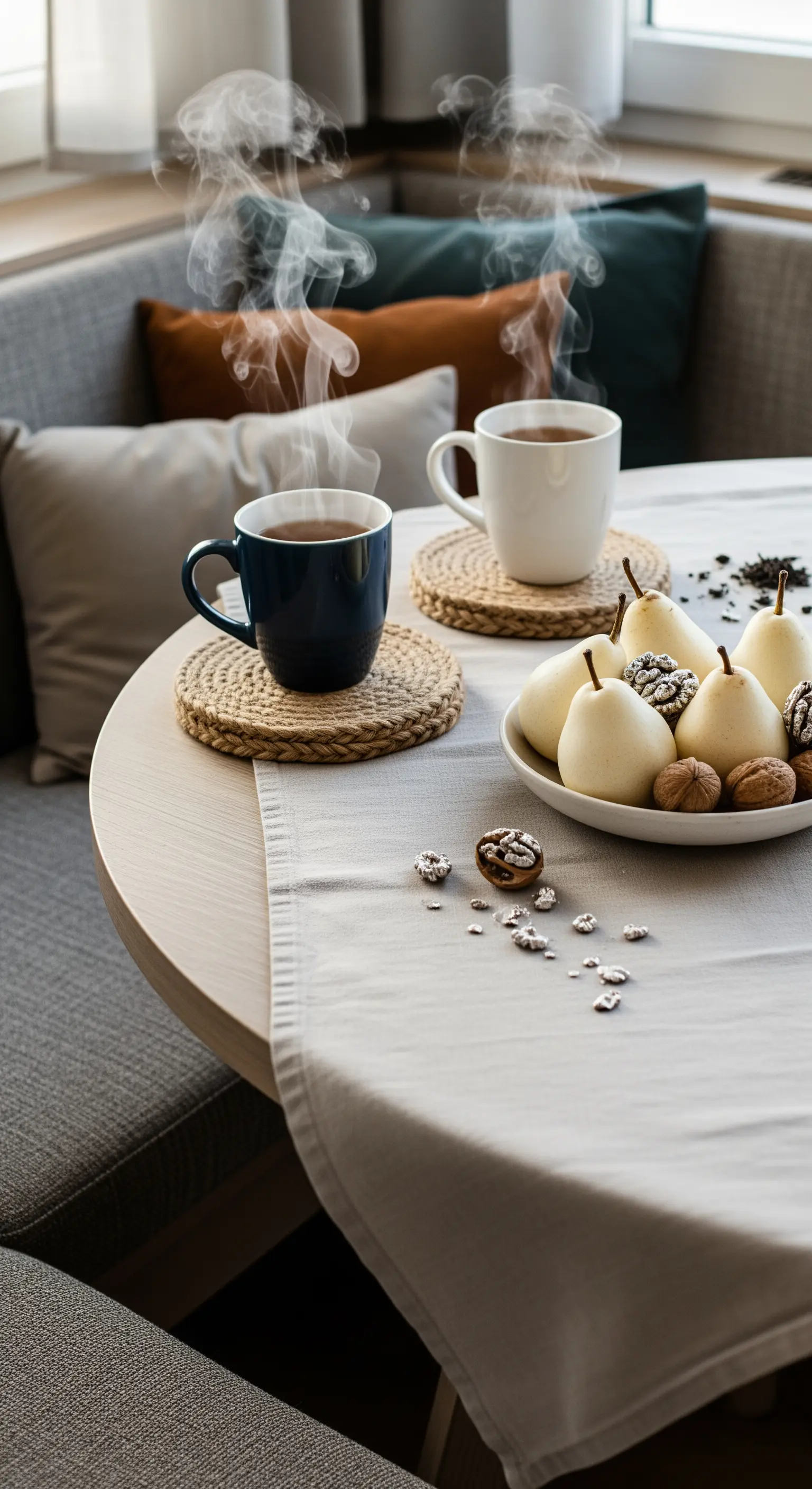 Frühstückstisch mit Birnen, Nüssen, warmen Getränken und Naturuntersetzern.
