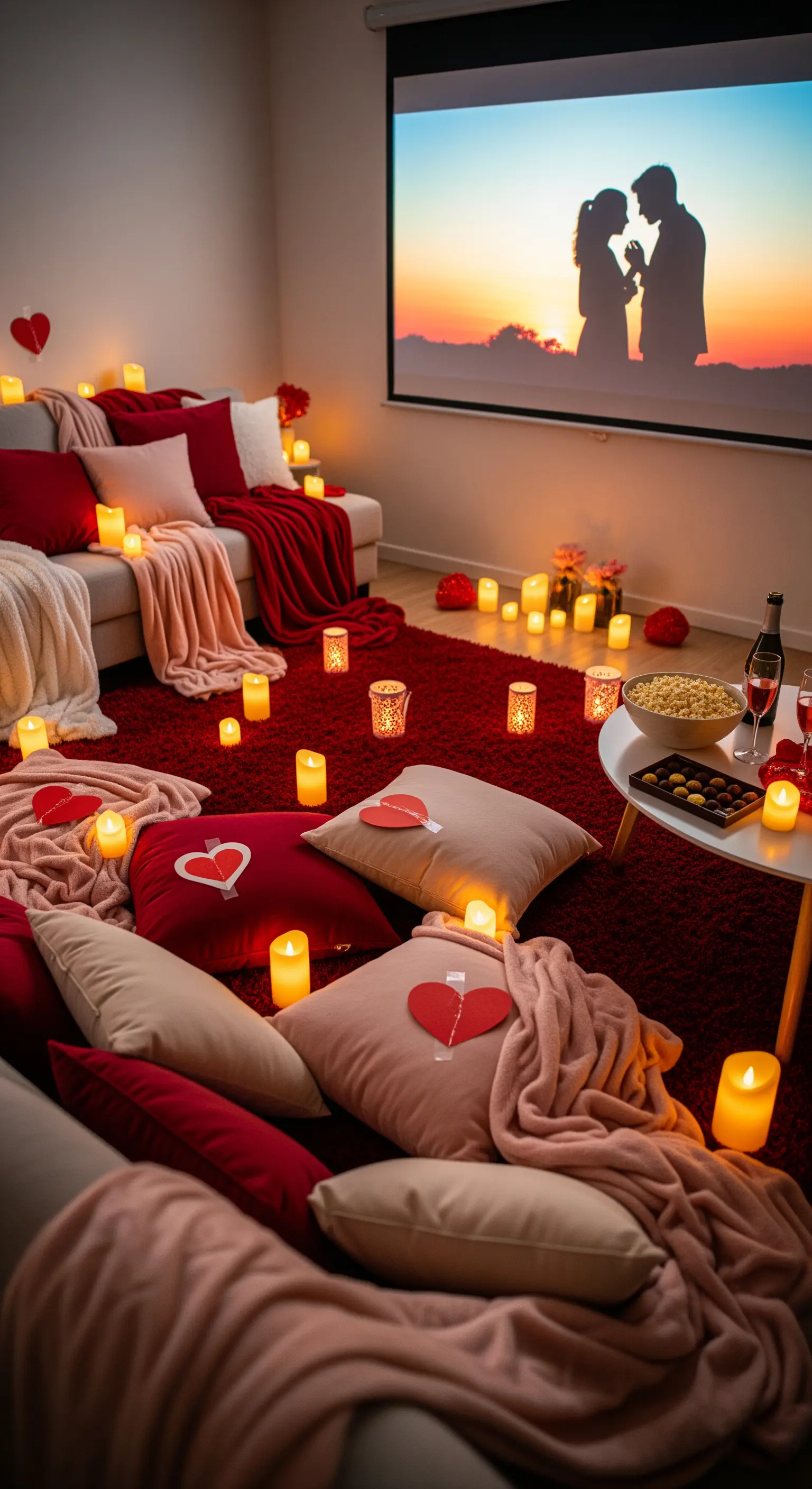 Wohnzimmer als Heimkino mit Kissen, Decken, Kerzen und Projektion