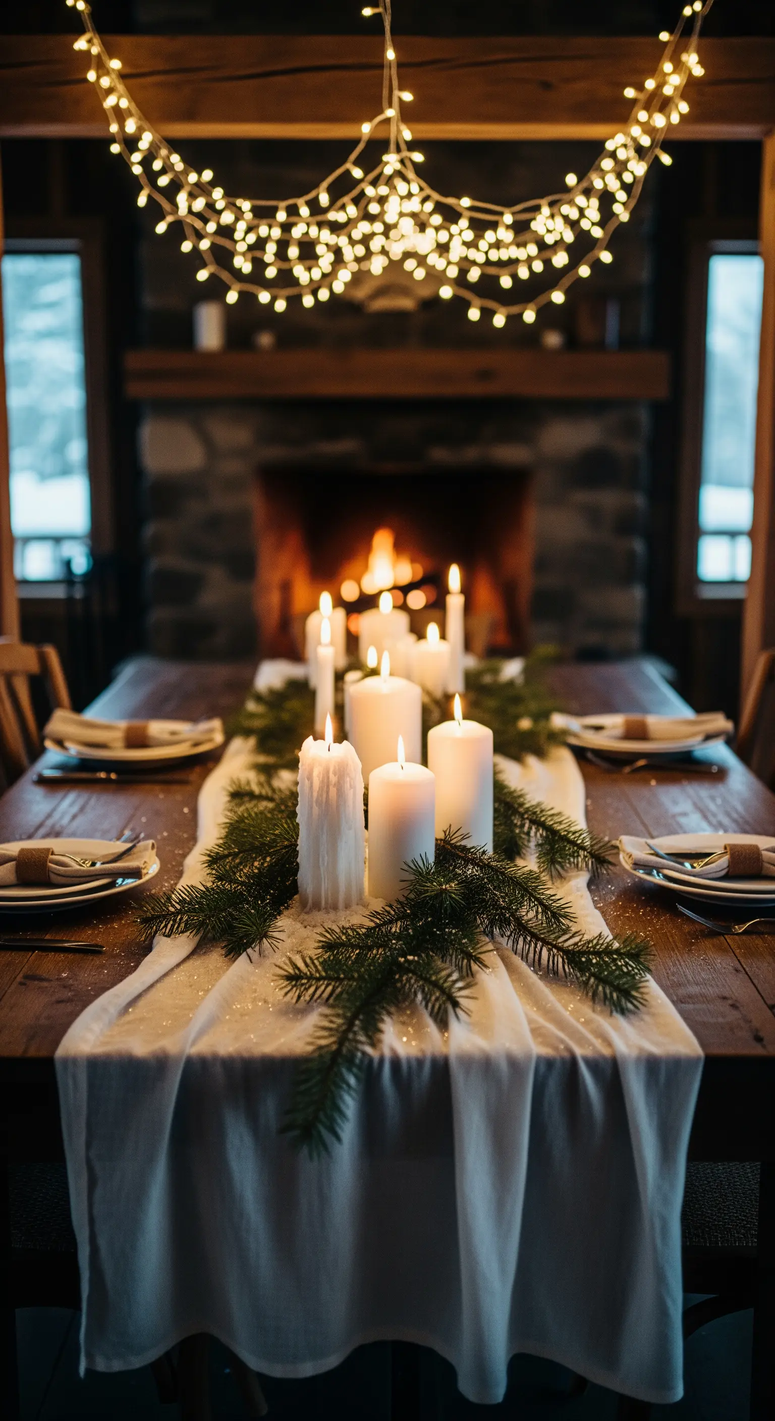 Rustikaler Neujahrstisch mit weißen Kerzen, Tannenzweigen, Lichterkette und Kaminfeuer.