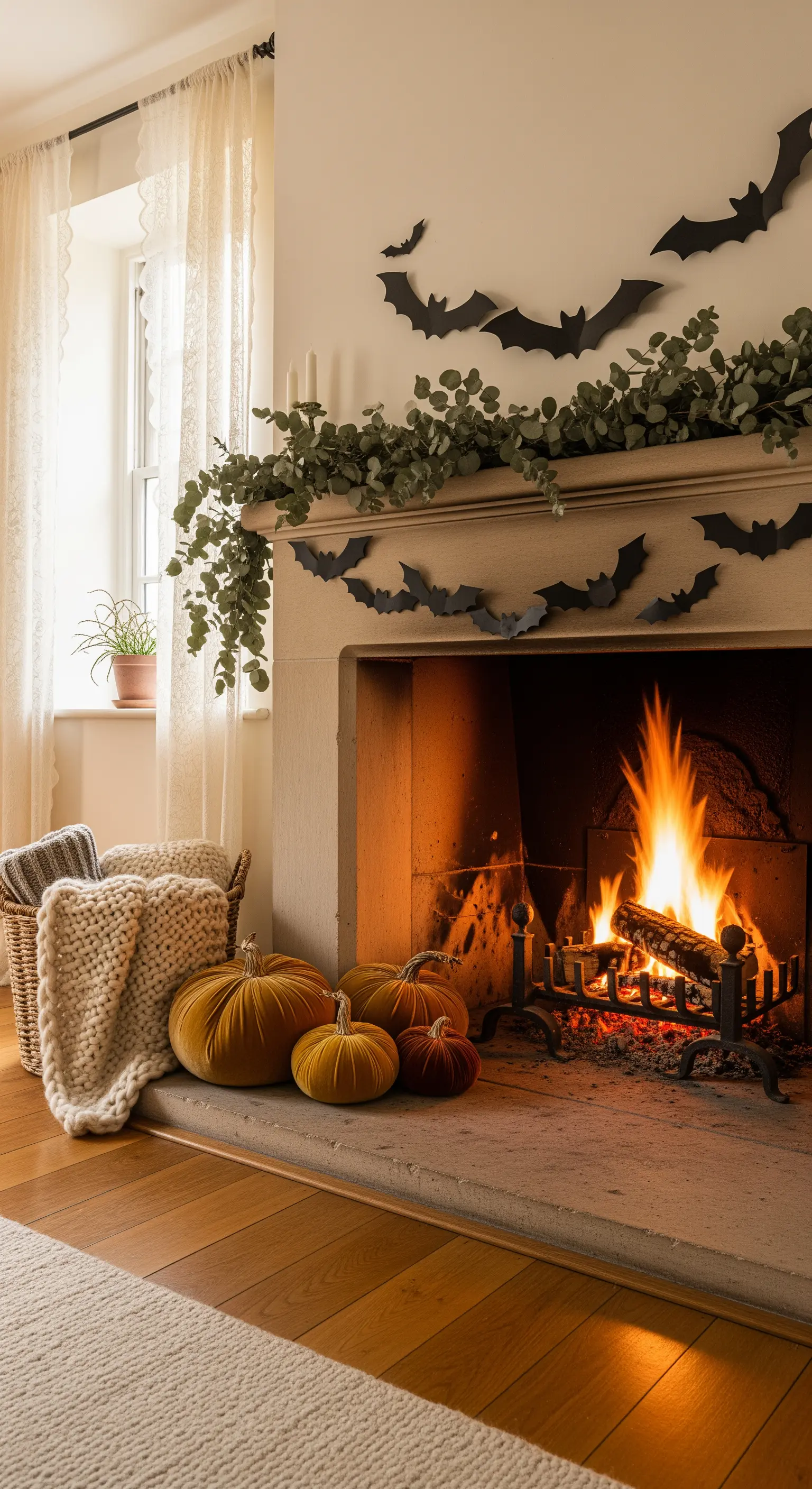 Vintage Halloween Kamin mit Samtkürbissen, Fledermäusen und Eukalyptusgirlande.